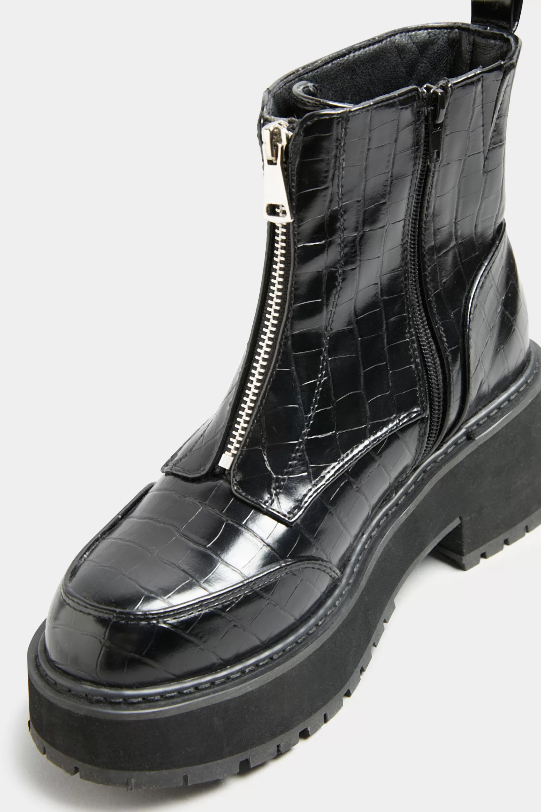 Women M&Co Boots>Limited Collection Black Croc Leather Look Zip Chunky Boots In Wide E Fit