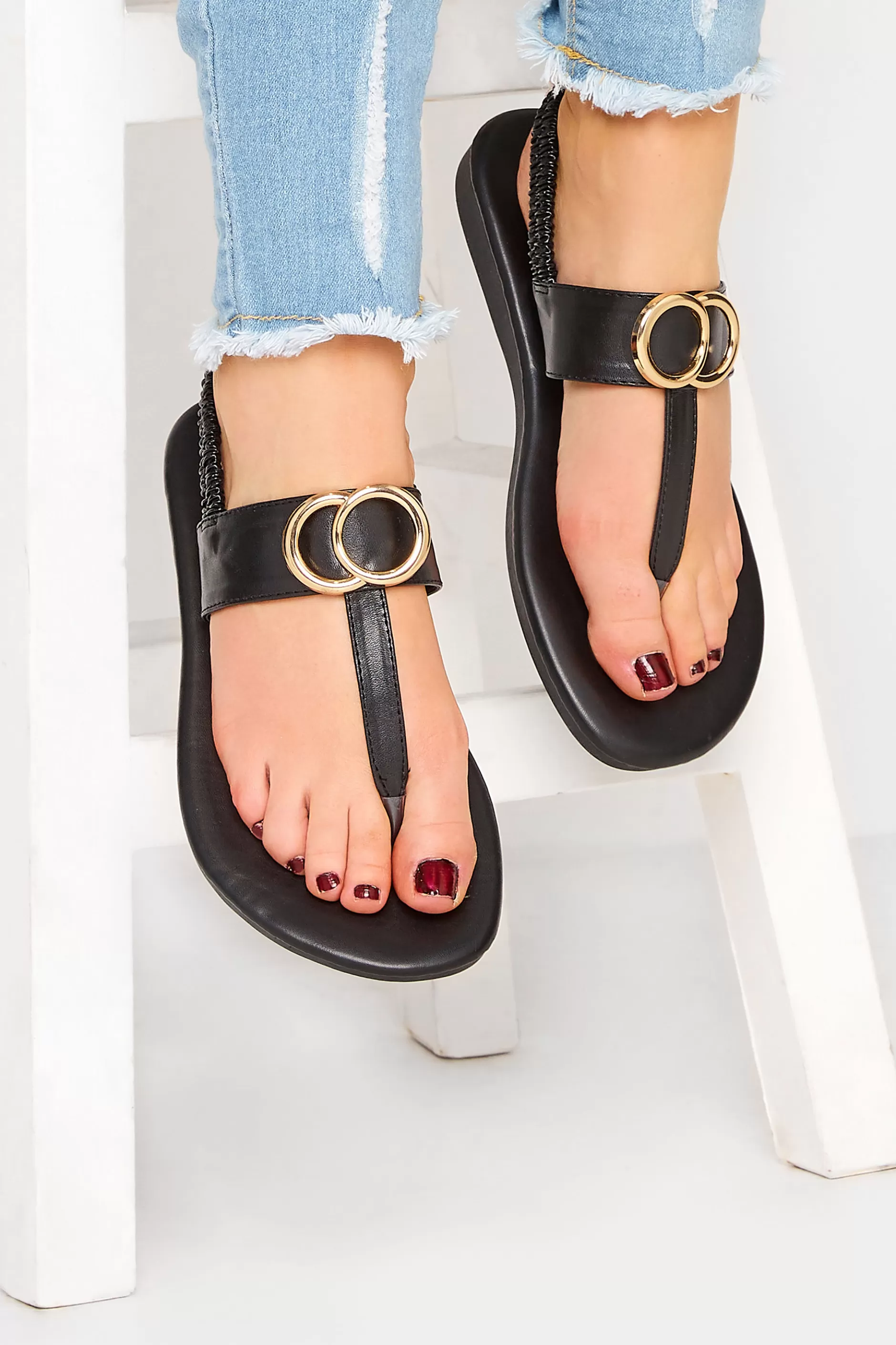 Women M&Co Sandals>Limited Collection Limited Collection Black & Gold Double Ring Sandals In Wide E Fit & Extra Wide Eee Fit