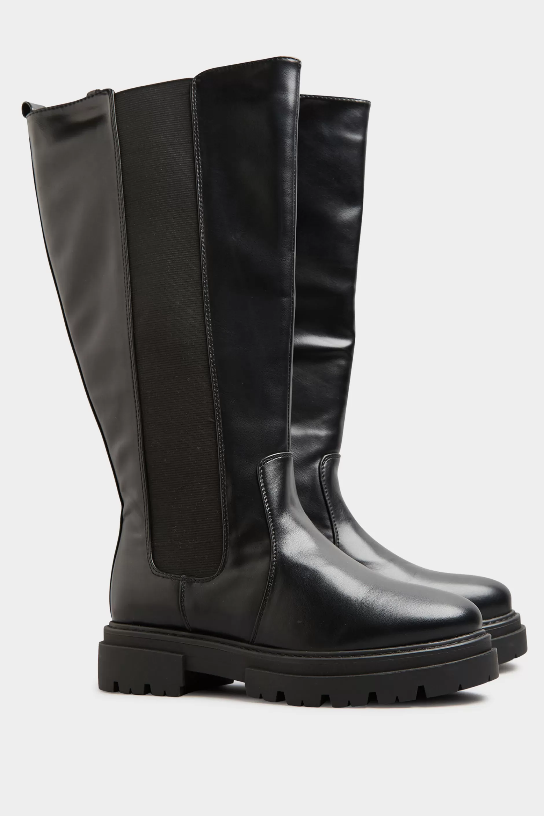Women M&Co Boots>Limited Collection Limited Collection Black Elasticated Knee High Cleated Boots In Wide E Fit & Extra Wide Eee Fit