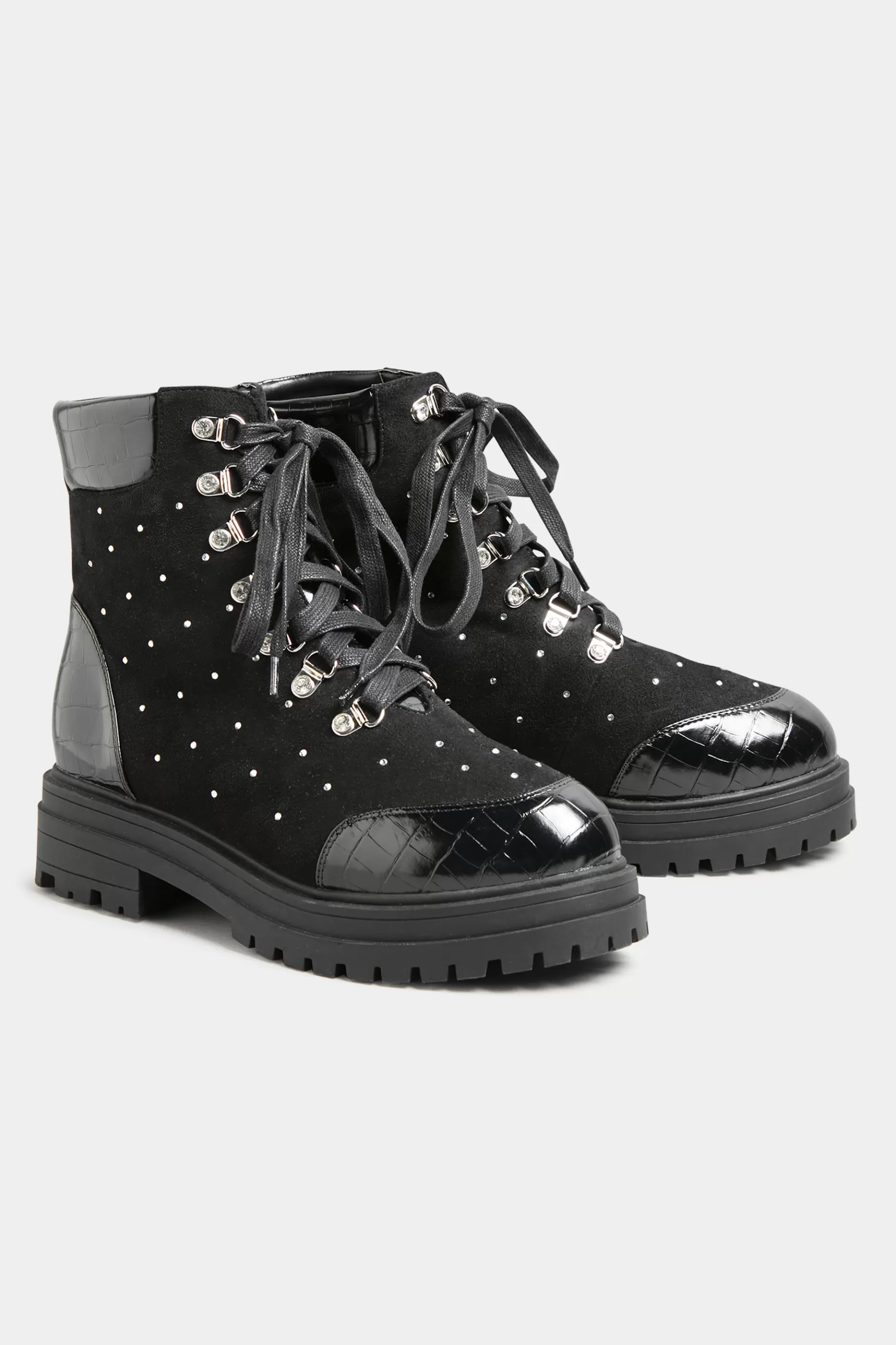 Women M&Co Boots>Limited Collection Limited Collection Black Faux Suede Diamante Stud Lace Up Boots In Extra Wide Eee Fit
