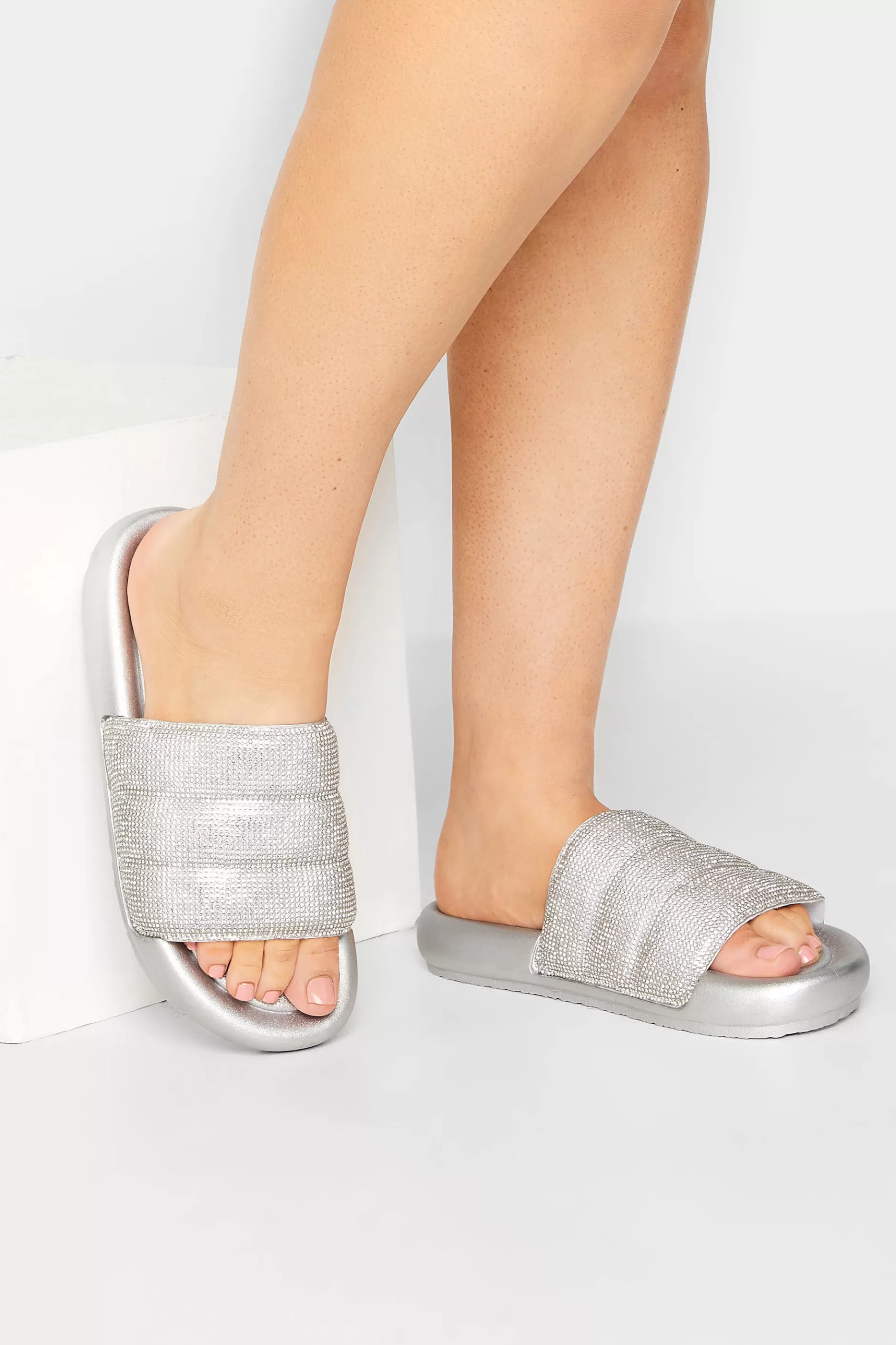 Women M&Co Mules & Sliders>Limited Collection Limited Collection Silver Diamante Embellished Padded Silders In Wide E Fit