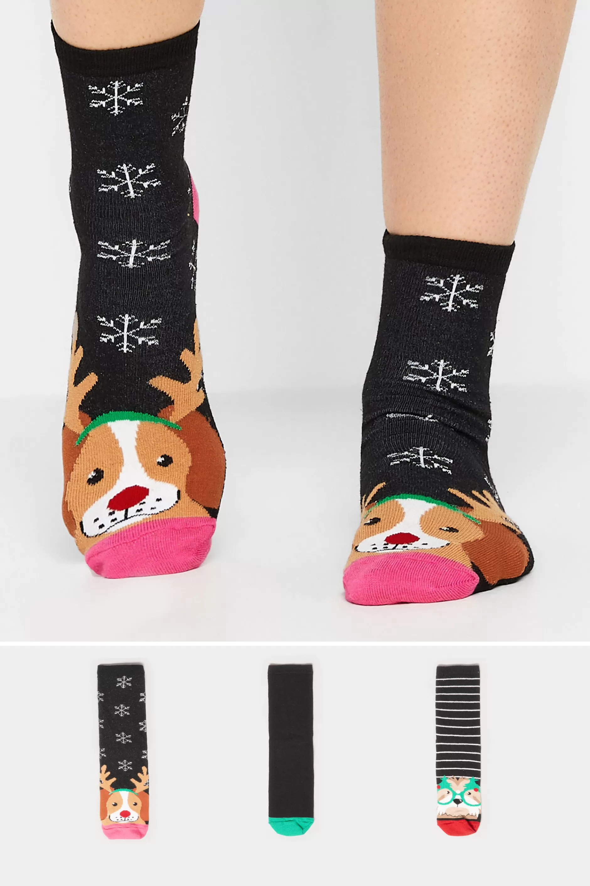 Women M&Co Socks>Lts Lts 3 Pack Black Christmas Dog Novelty Ankle Socks
