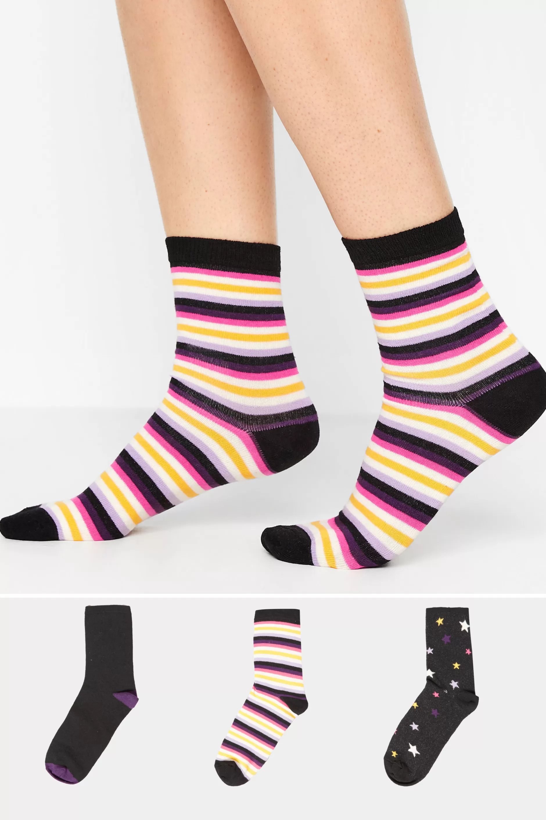 Women M&Co Socks>Lts Lts 3 Pack Black Star & Stripe Print Ankle Socks
