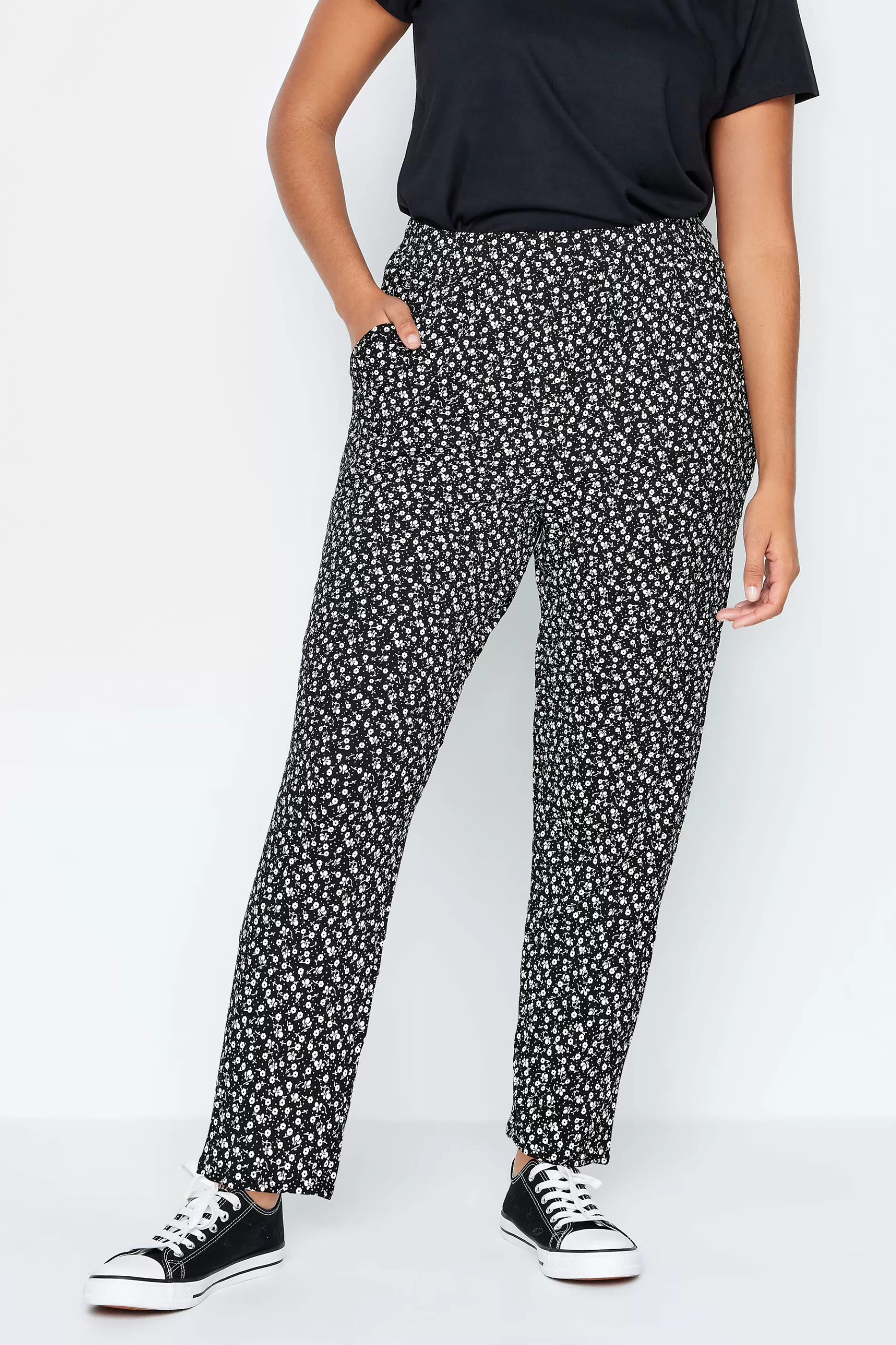 Women M&Co Trousers> Petites Petite Black Ditsy Floral Print Harem Trousers