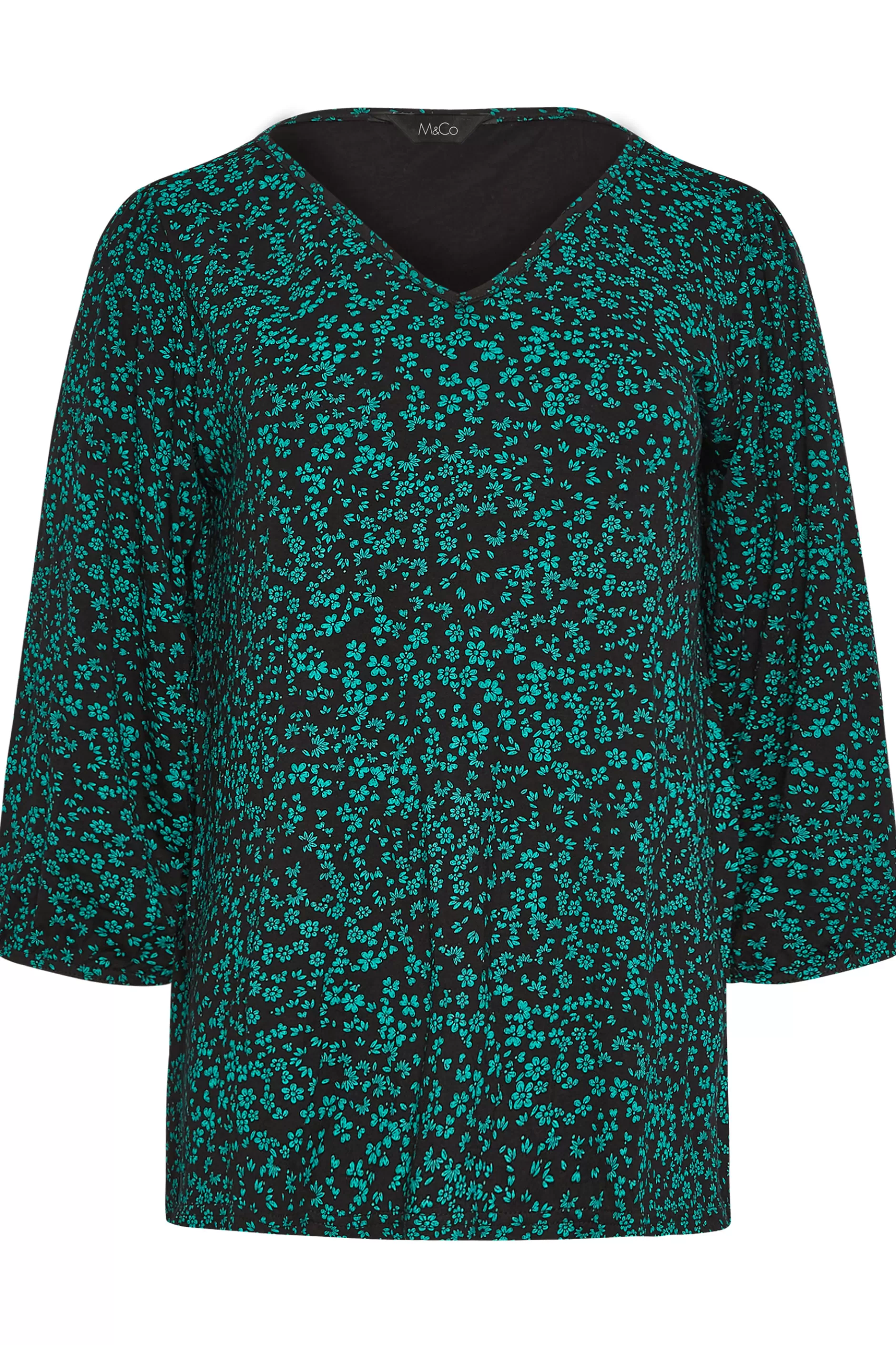 Women M&Co Long Sleeve Tops> Petites Petite Green Ditsy Floral Print Top