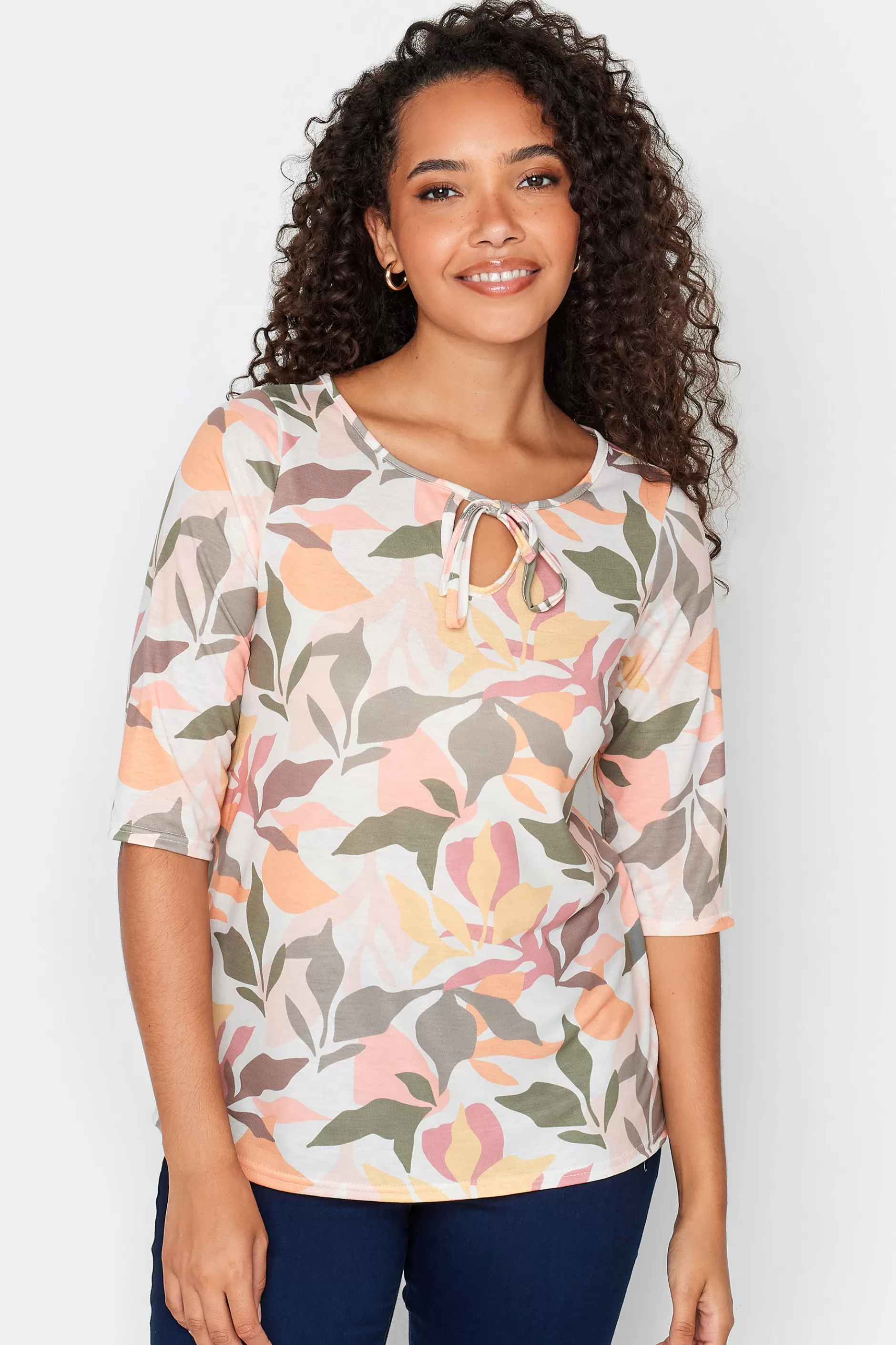 Women M&Co Long Sleeve Tops> Womens Beige Brown Floral Tie Front Top