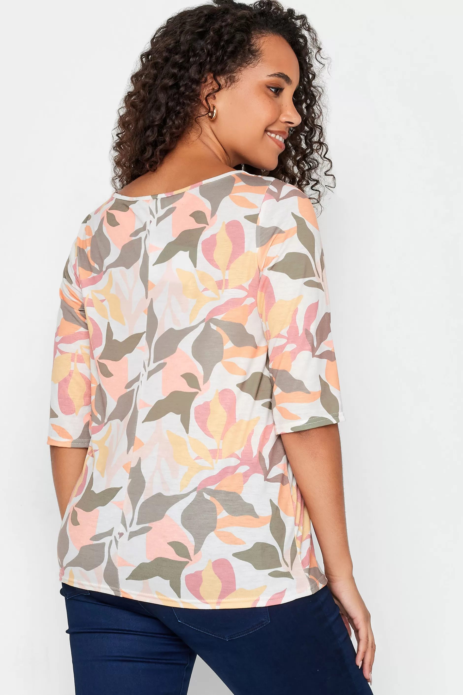 Women M&Co Long Sleeve Tops> Womens Beige Brown Floral Tie Front Top