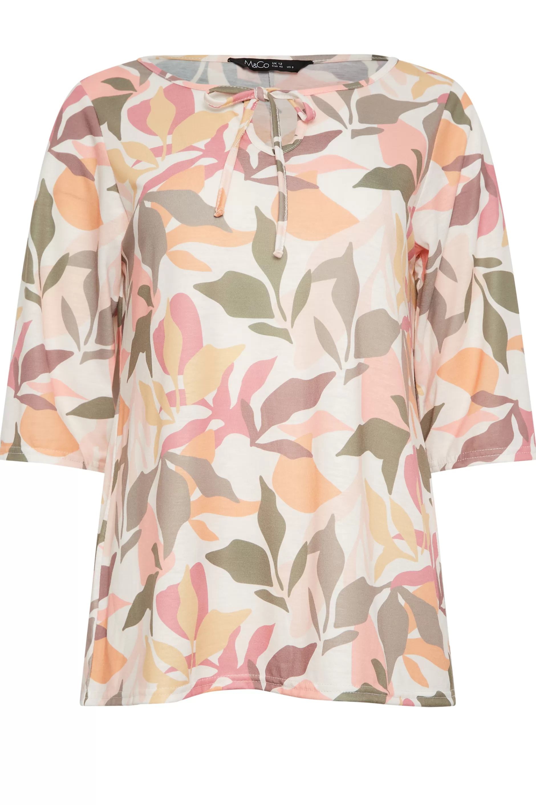 Women M&Co Long Sleeve Tops> Womens Beige Brown Floral Tie Front Top