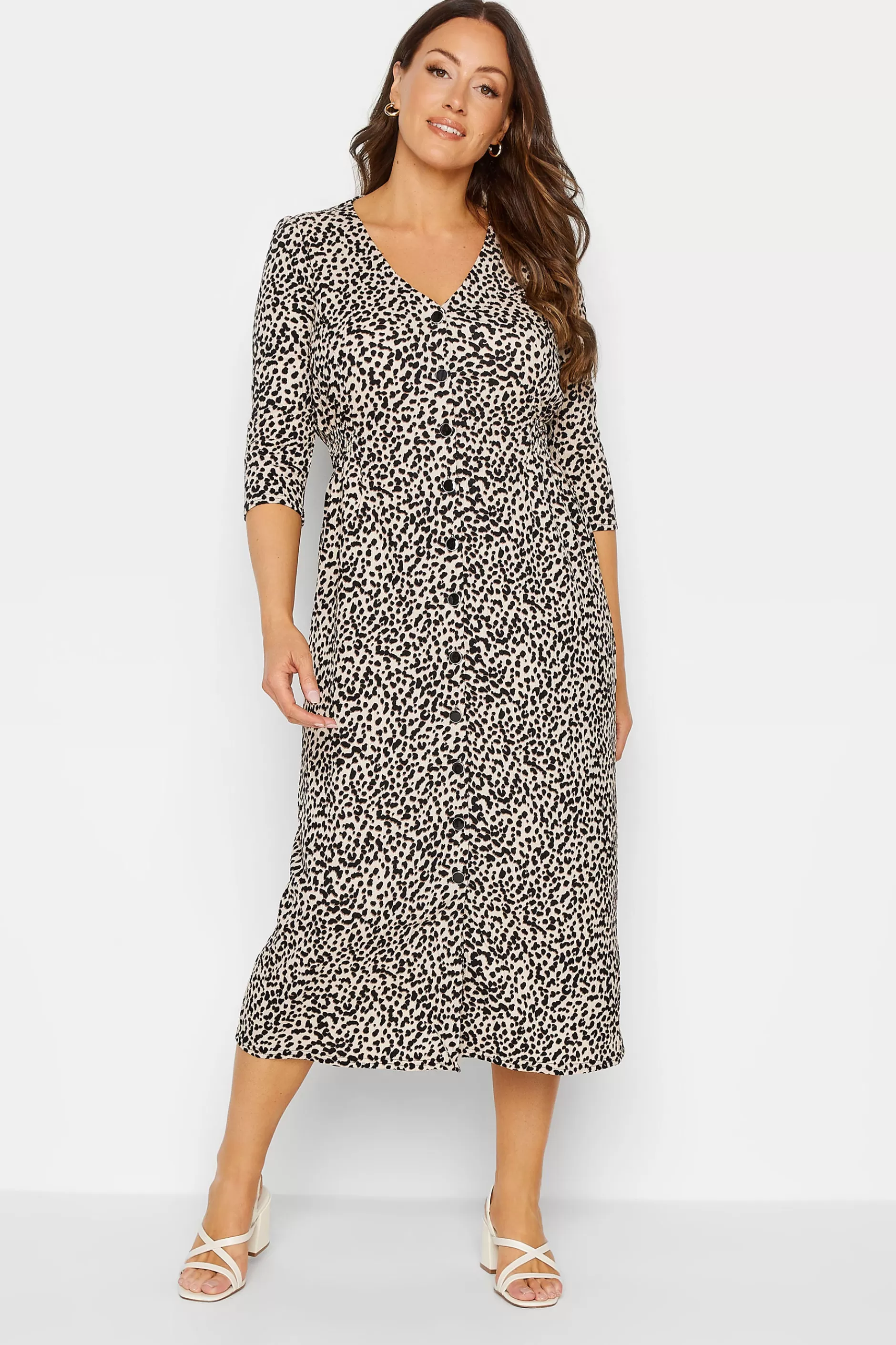 Women M&Co Midi Dresses> Womens Beige Brown Leopard Print Button Through Midaxi Dress