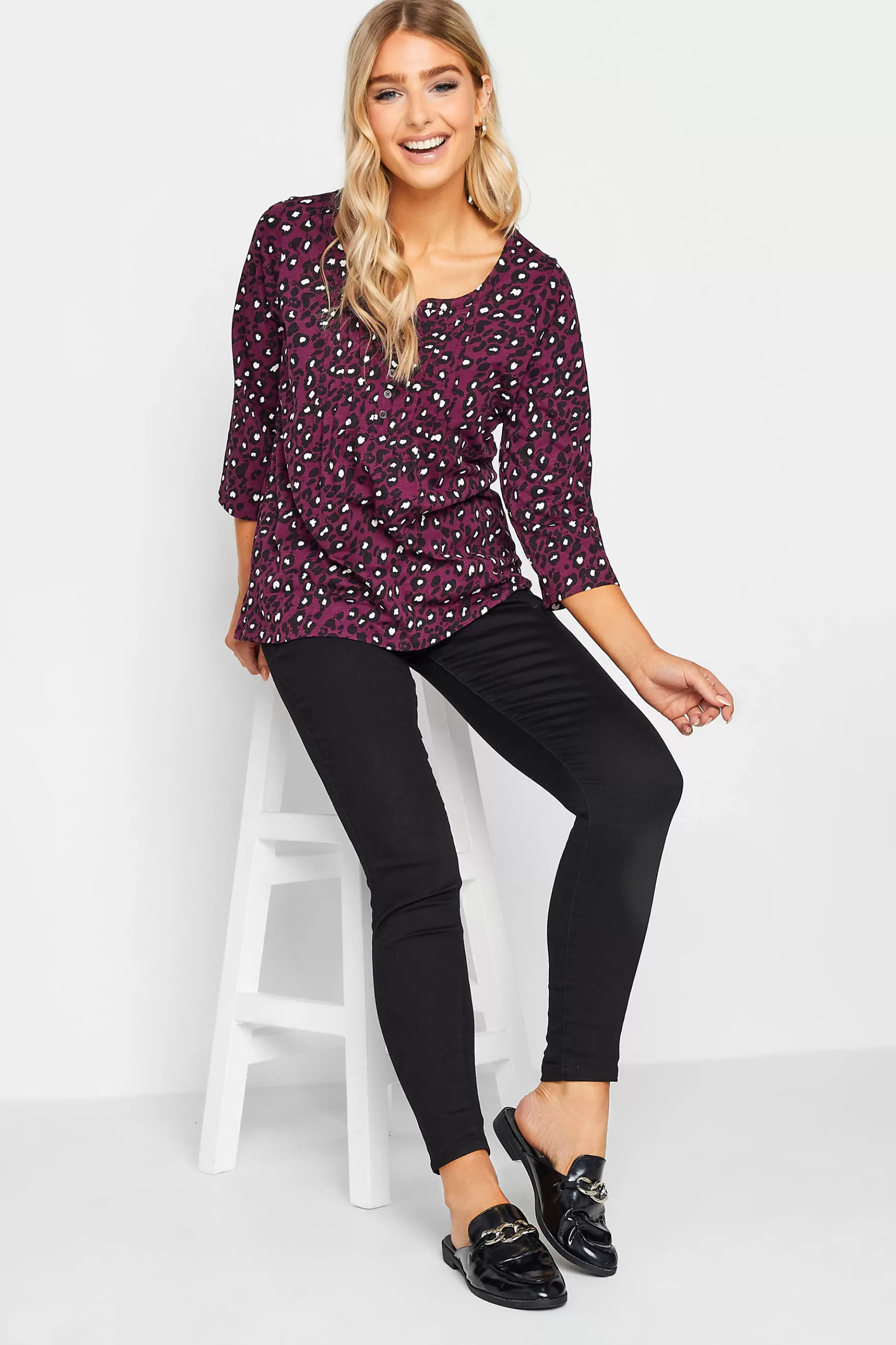 Women M&Co Long Sleeve Tops> Womens Berry Red Animal Print Cotton Henley Top