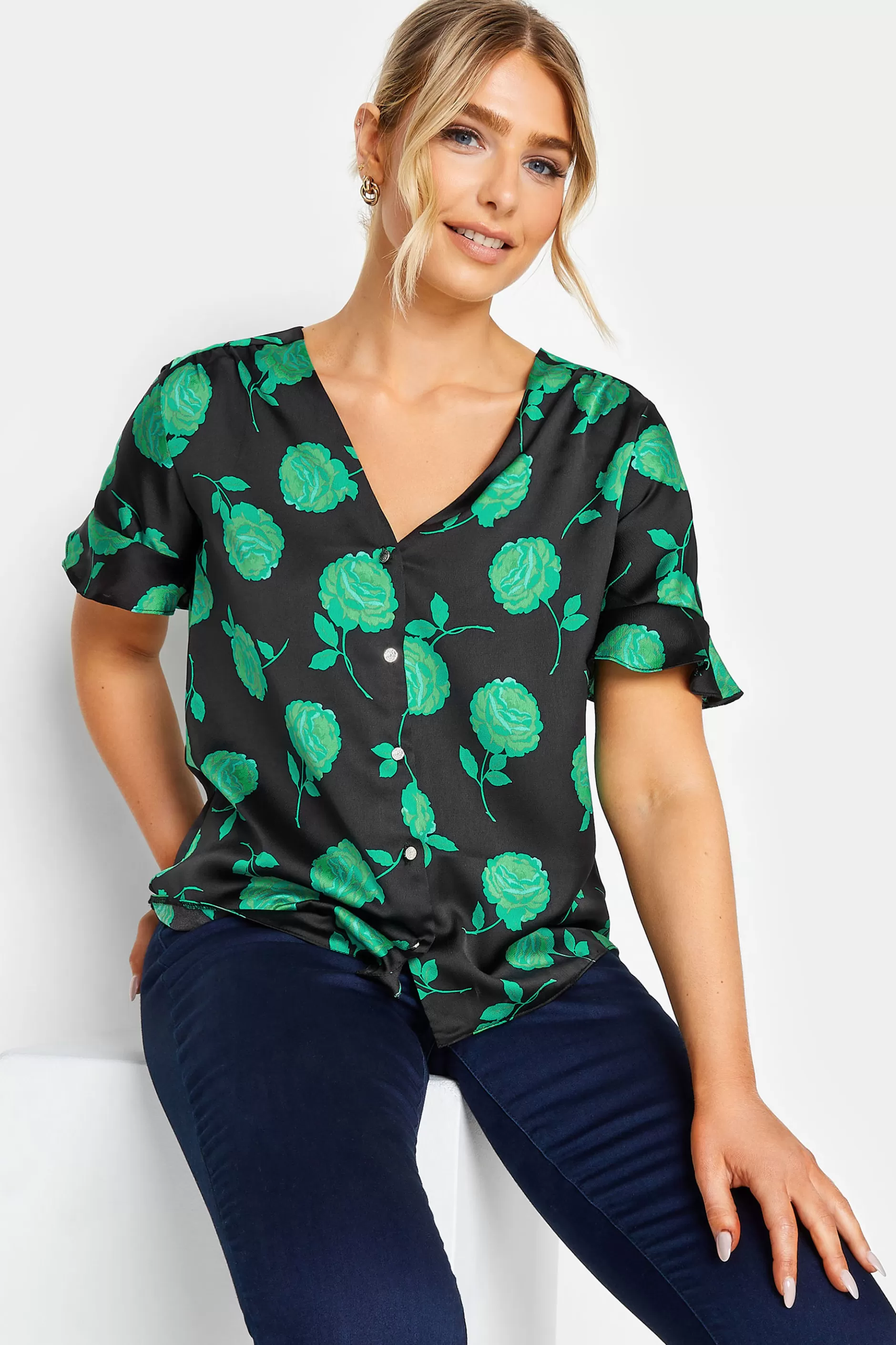 Women M&Co Shirts> Womens Black & Green Floral Print Frill Sleeve Blouse