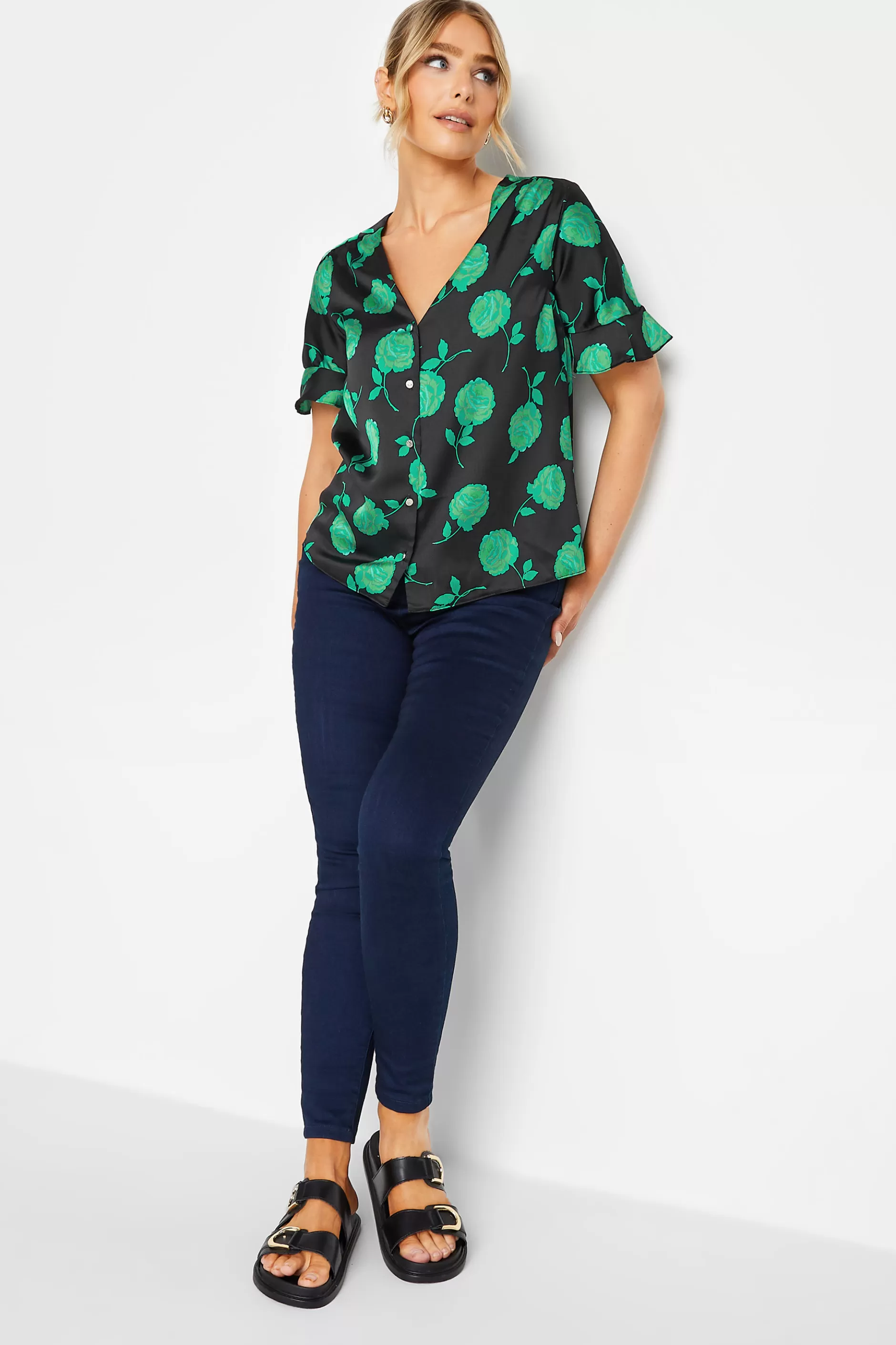 Women M&Co Shirts> Womens Black & Green Floral Print Frill Sleeve Blouse