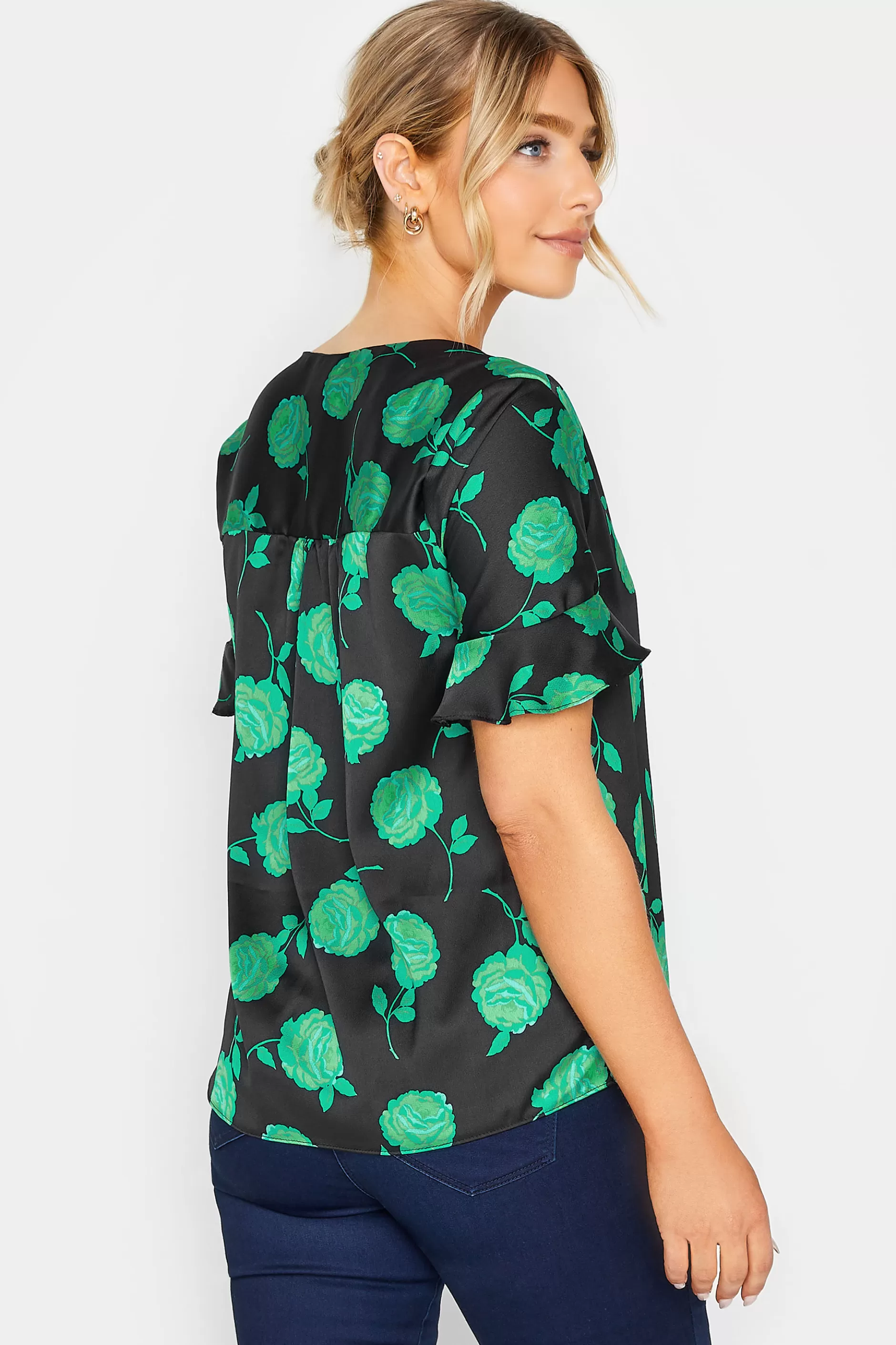 Women M&Co Shirts> Womens Black & Green Floral Print Frill Sleeve Blouse