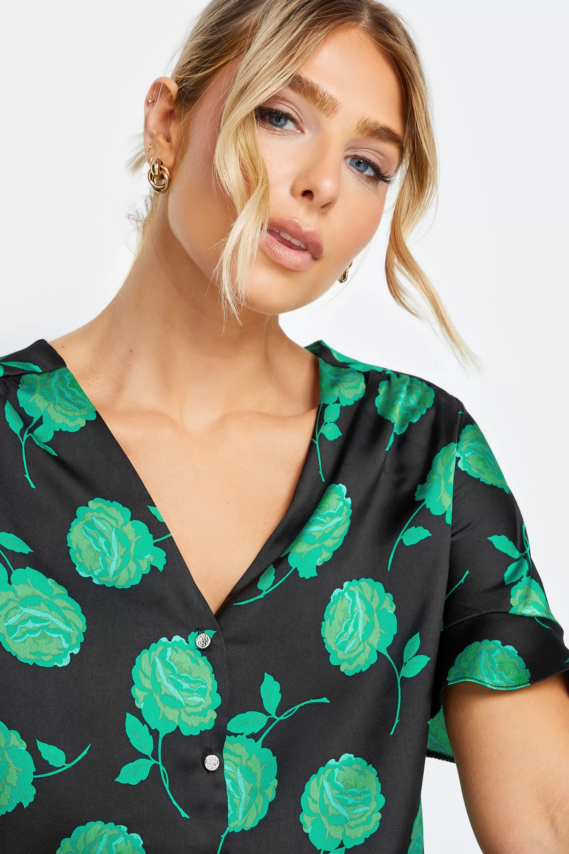 Women M&Co Shirts> Womens Black & Green Floral Print Frill Sleeve Blouse