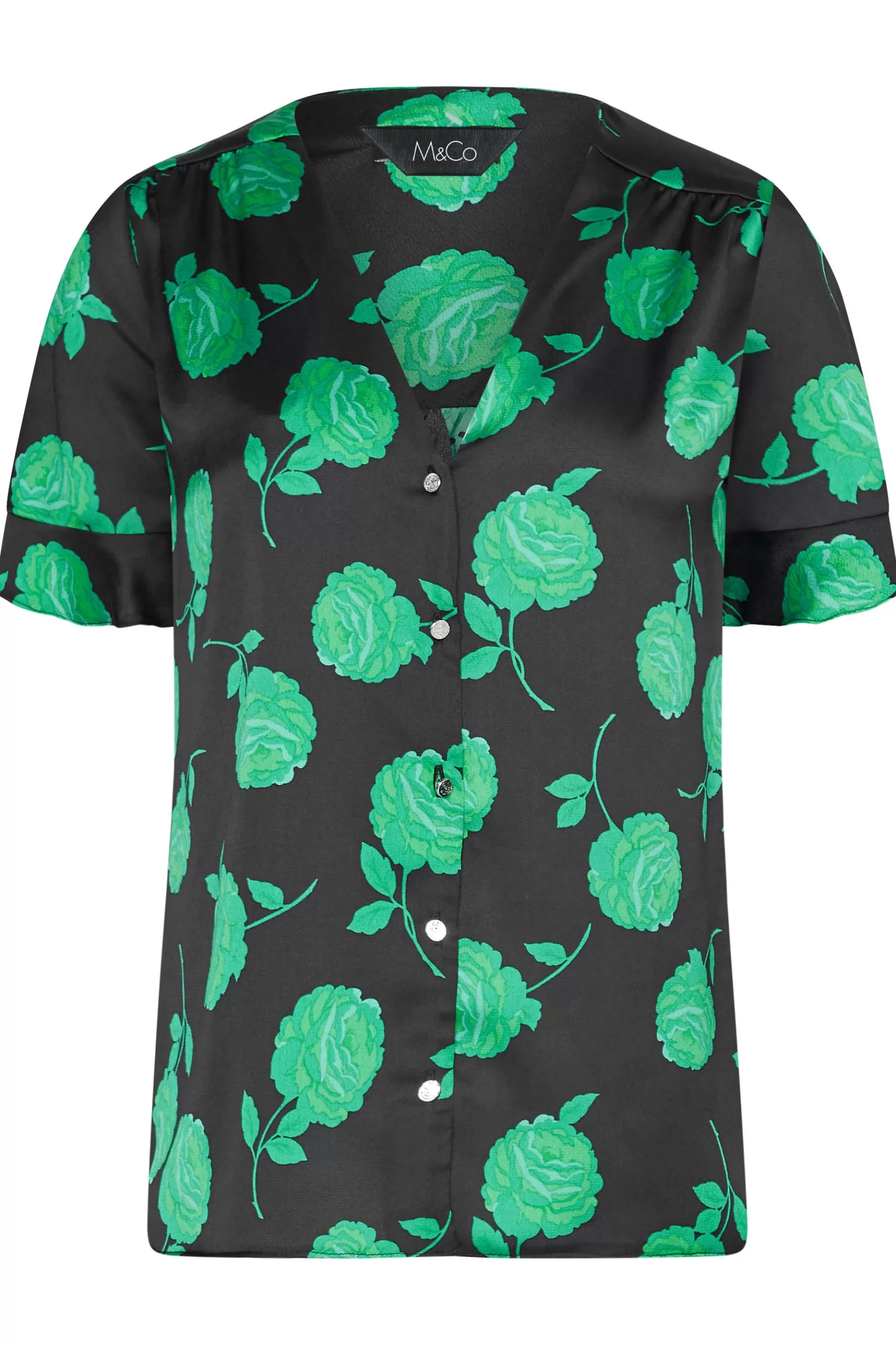 Women M&Co Shirts> Womens Black & Green Floral Print Frill Sleeve Blouse
