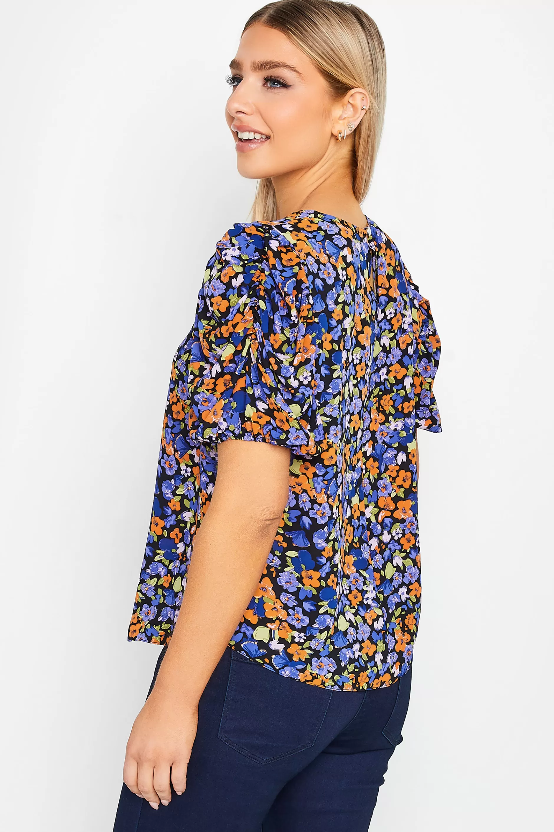 Women M&Co Short Sleeve Tops> Womens Black & Orange Floral Print Puff Sleeve Blouse
