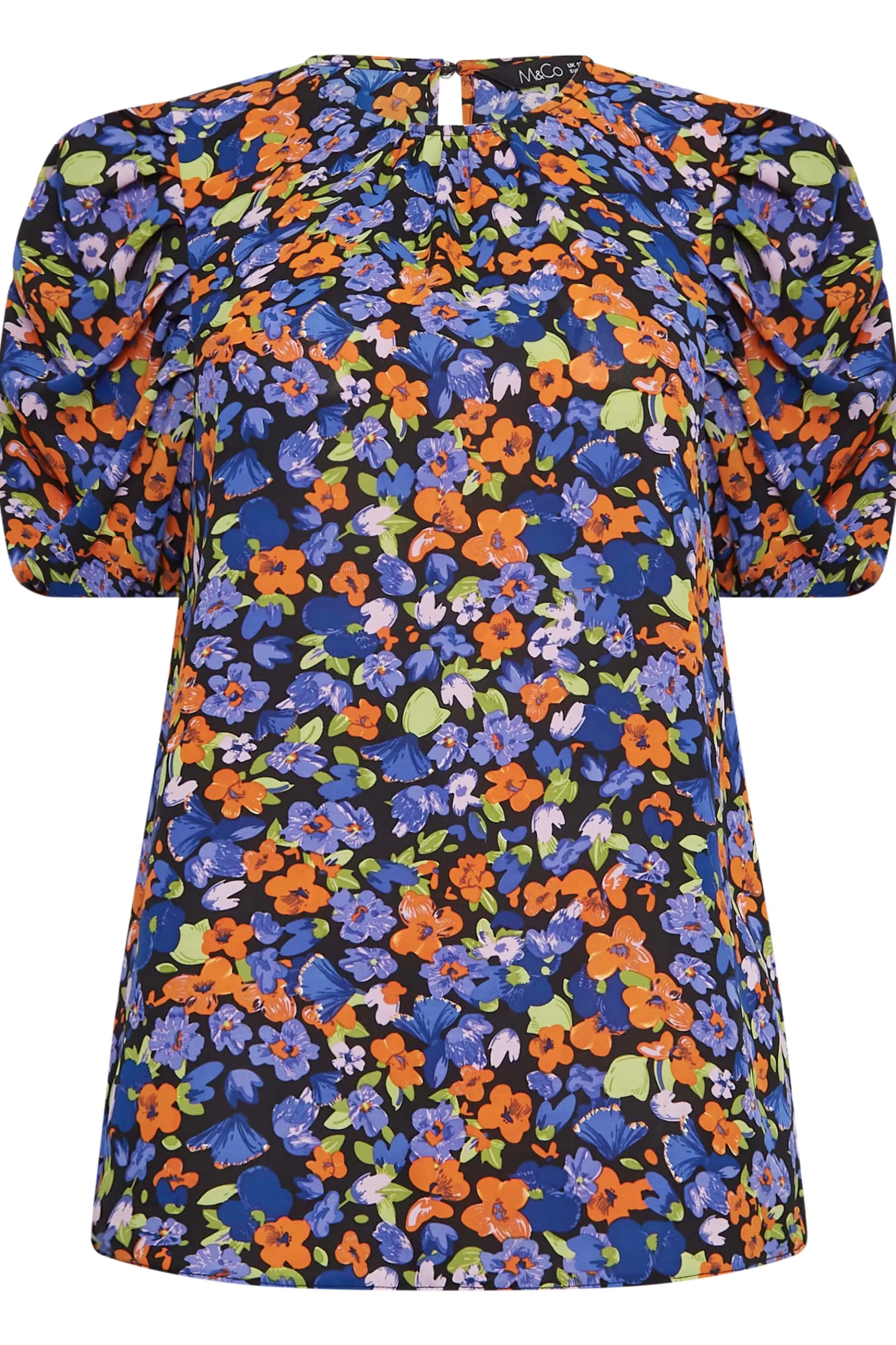 Women M&Co Short Sleeve Tops> Womens Black & Orange Floral Print Puff Sleeve Blouse