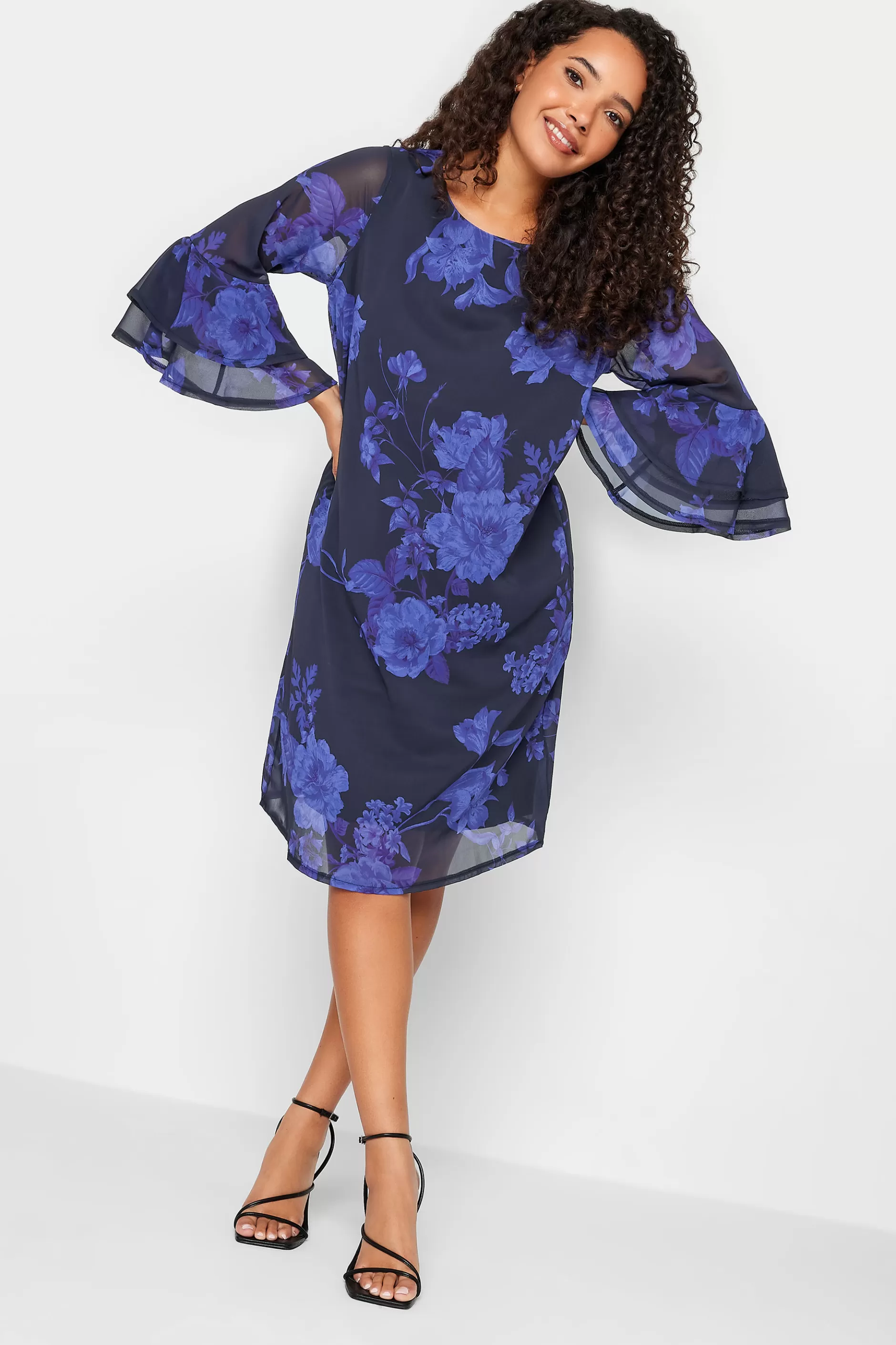 Women M&Co Midi Dresses> Womens Black & Purplefloral Print Flute Sleeve Shift Dress