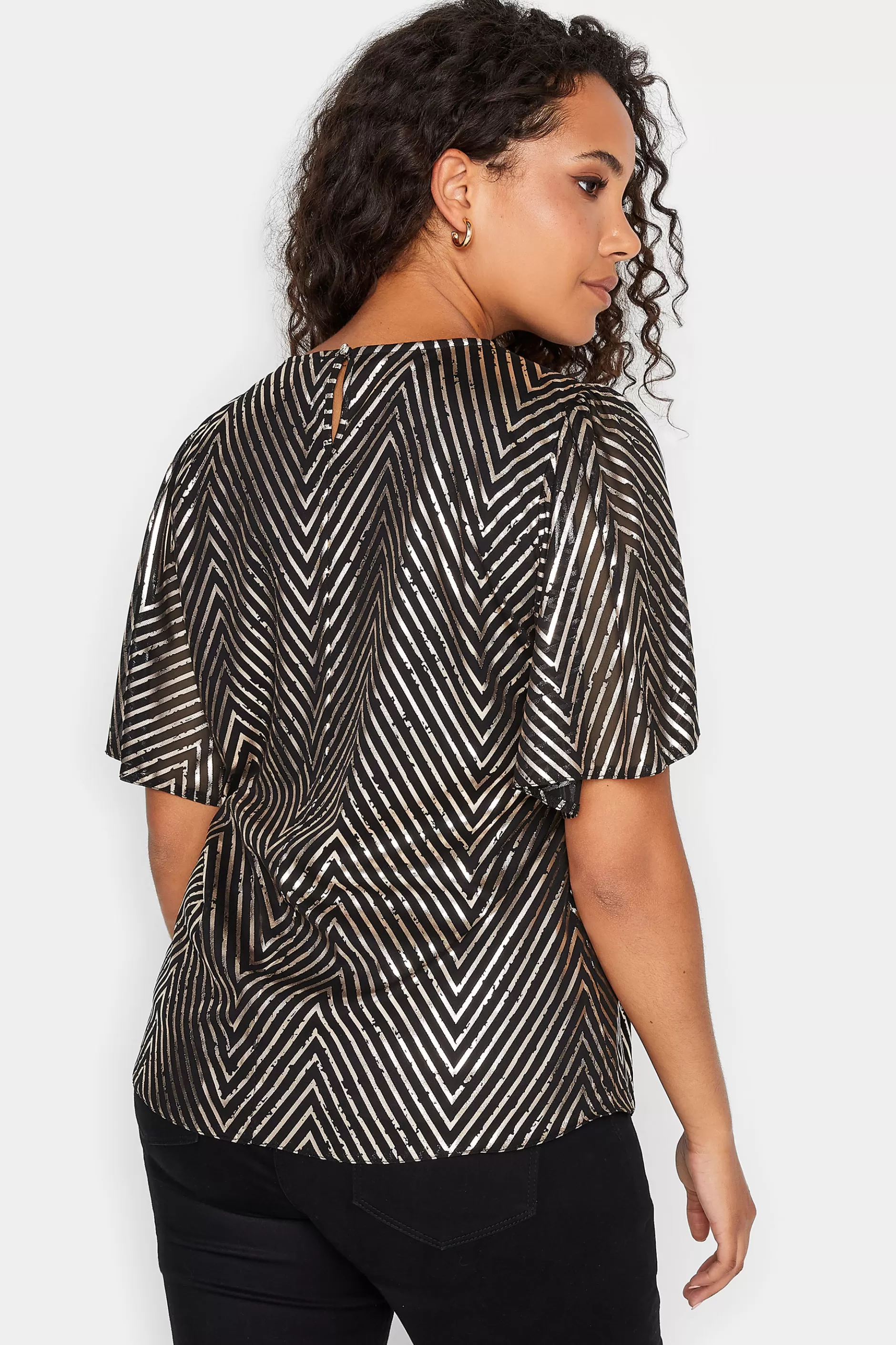 Women M&Co Blouses> Womens Black & Rose Gold Chevron Angel Sleeve Blouse
