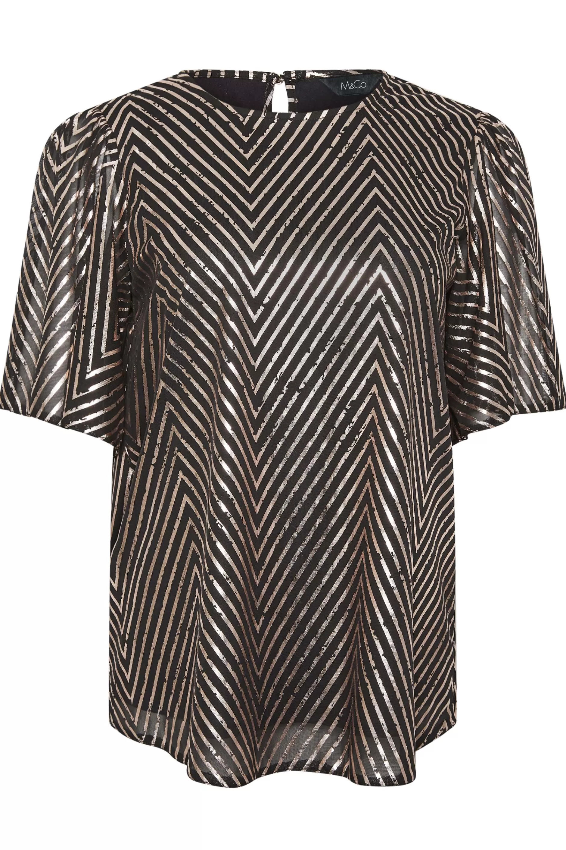 Women M&Co Blouses> Womens Black & Rose Gold Chevron Angel Sleeve Blouse