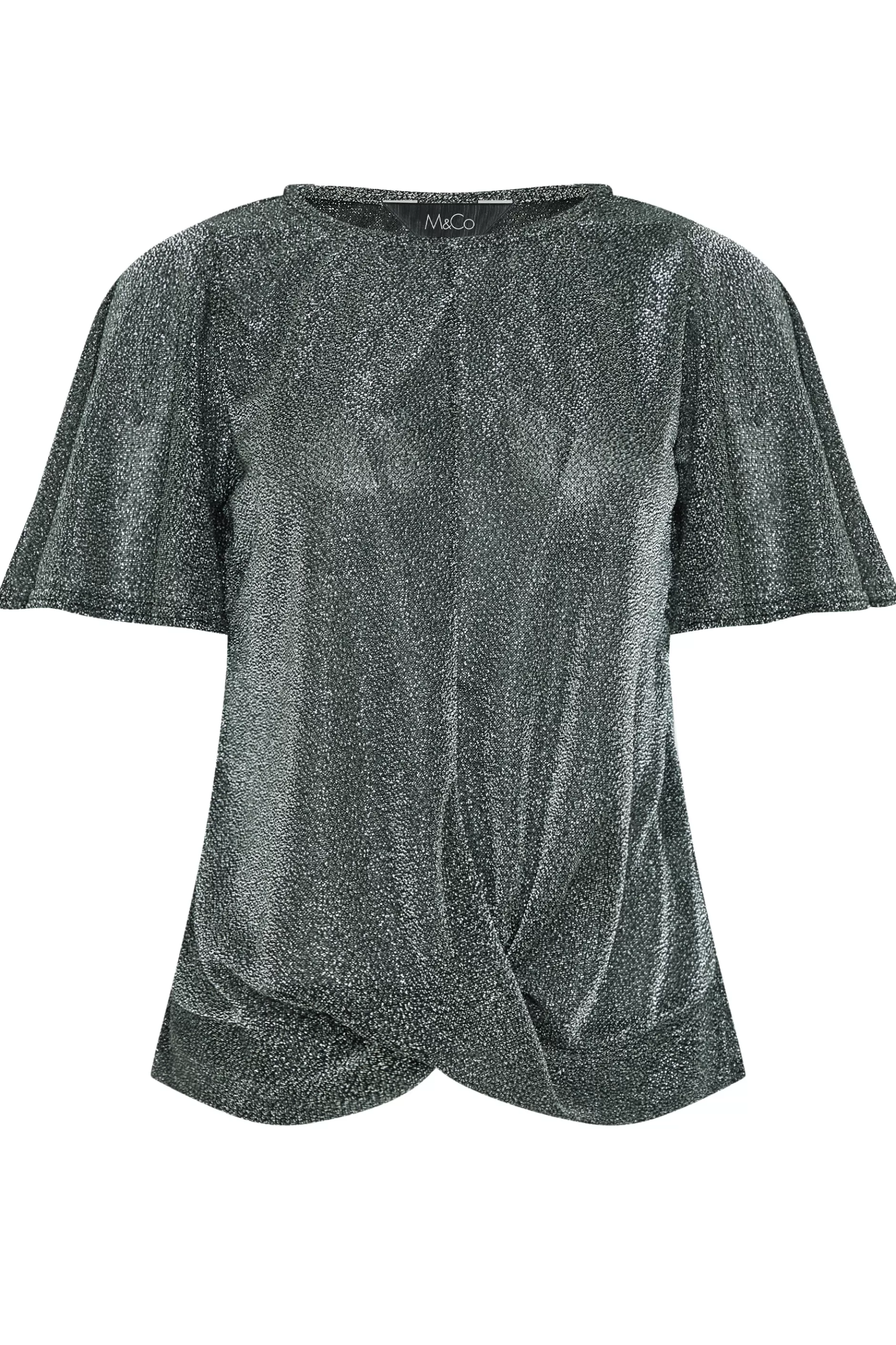 Women M&Co T-Shirts> Womens Black & Silver Angel Sleeve Wrap Top