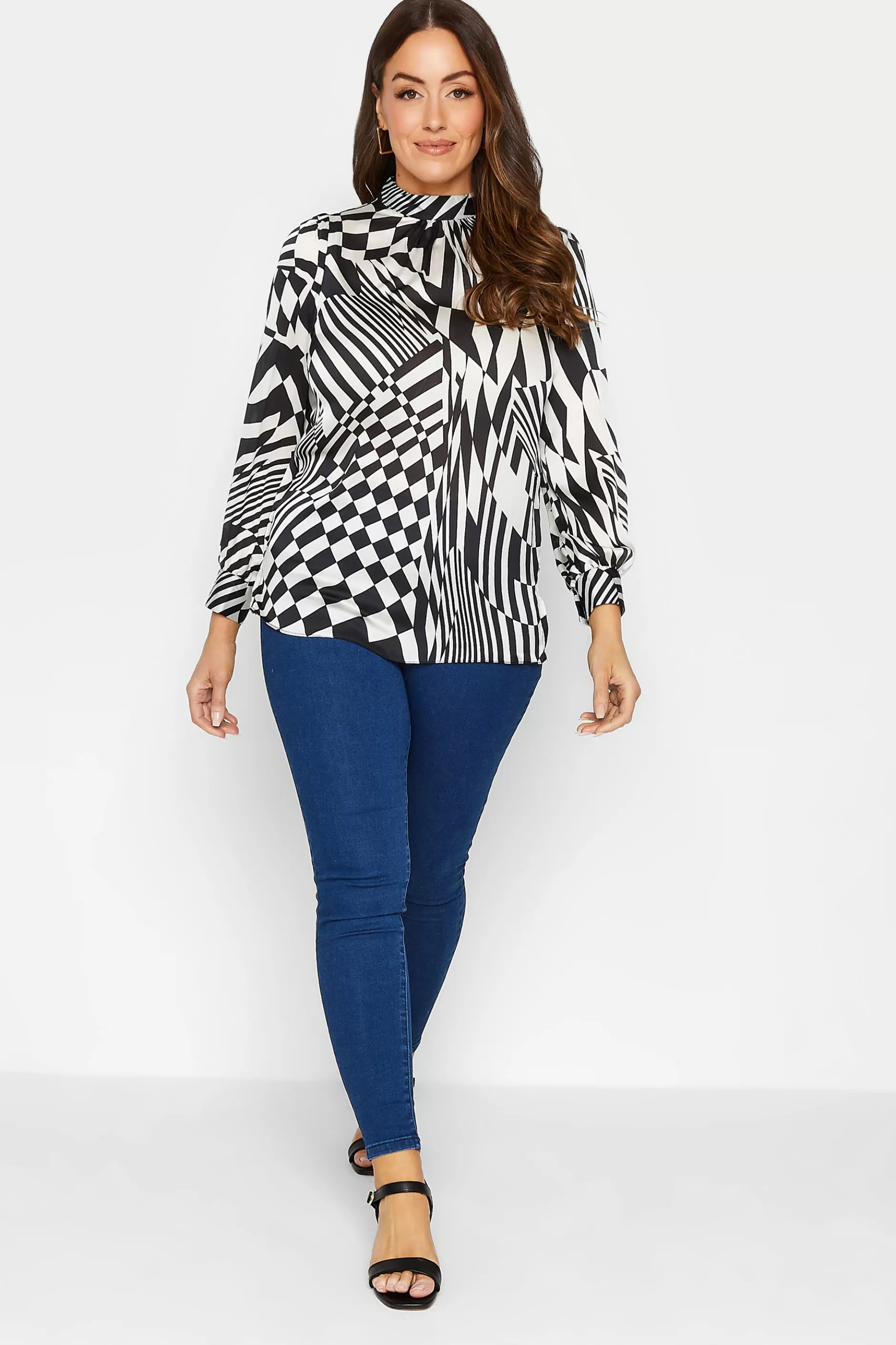 Women M&Co Long Sleeve Tops> Womens Black & White Abstract Print High Neck Satin Blouse
