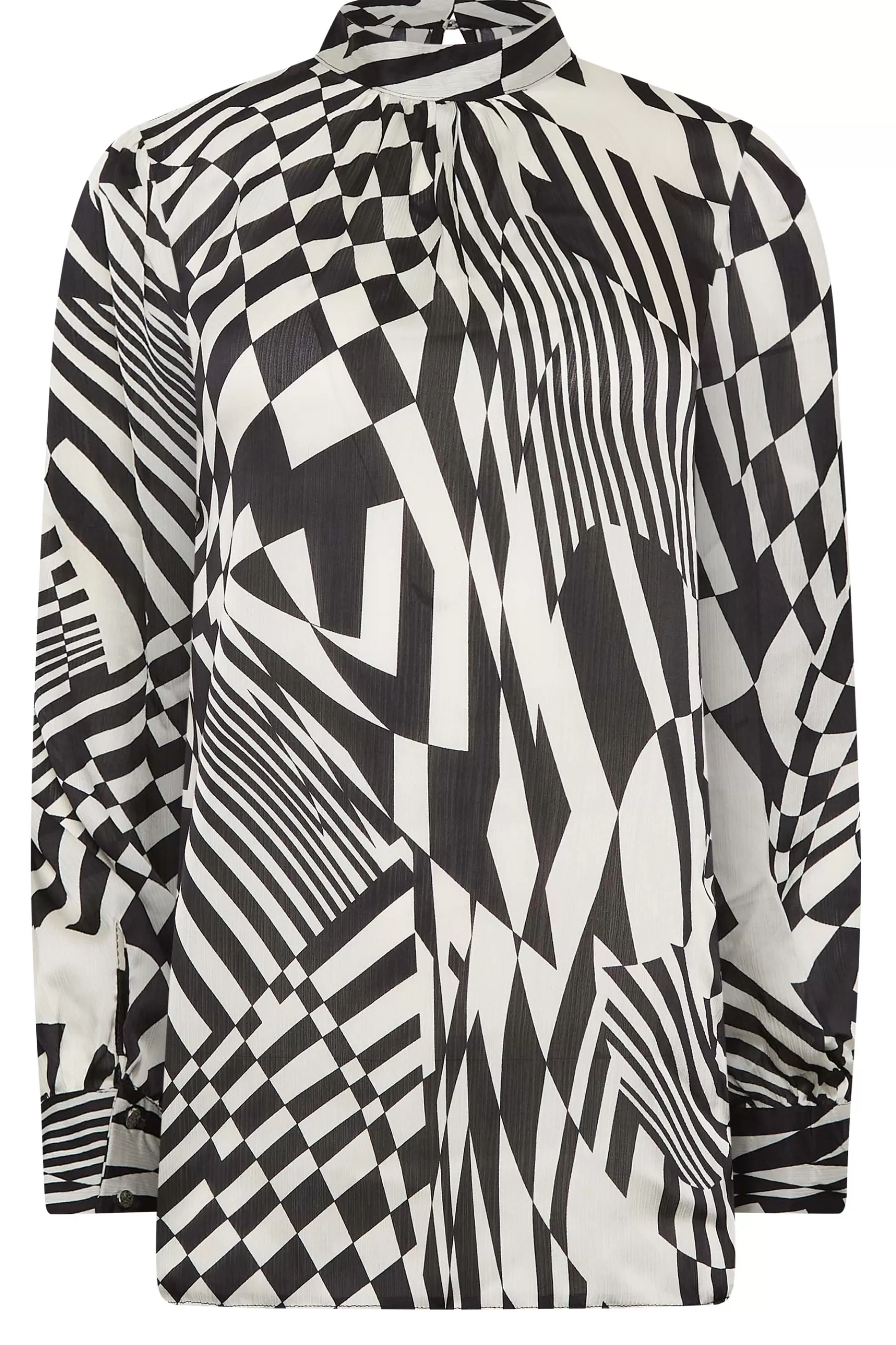 Women M&Co Long Sleeve Tops> Womens Black & White Abstract Print High Neck Satin Blouse