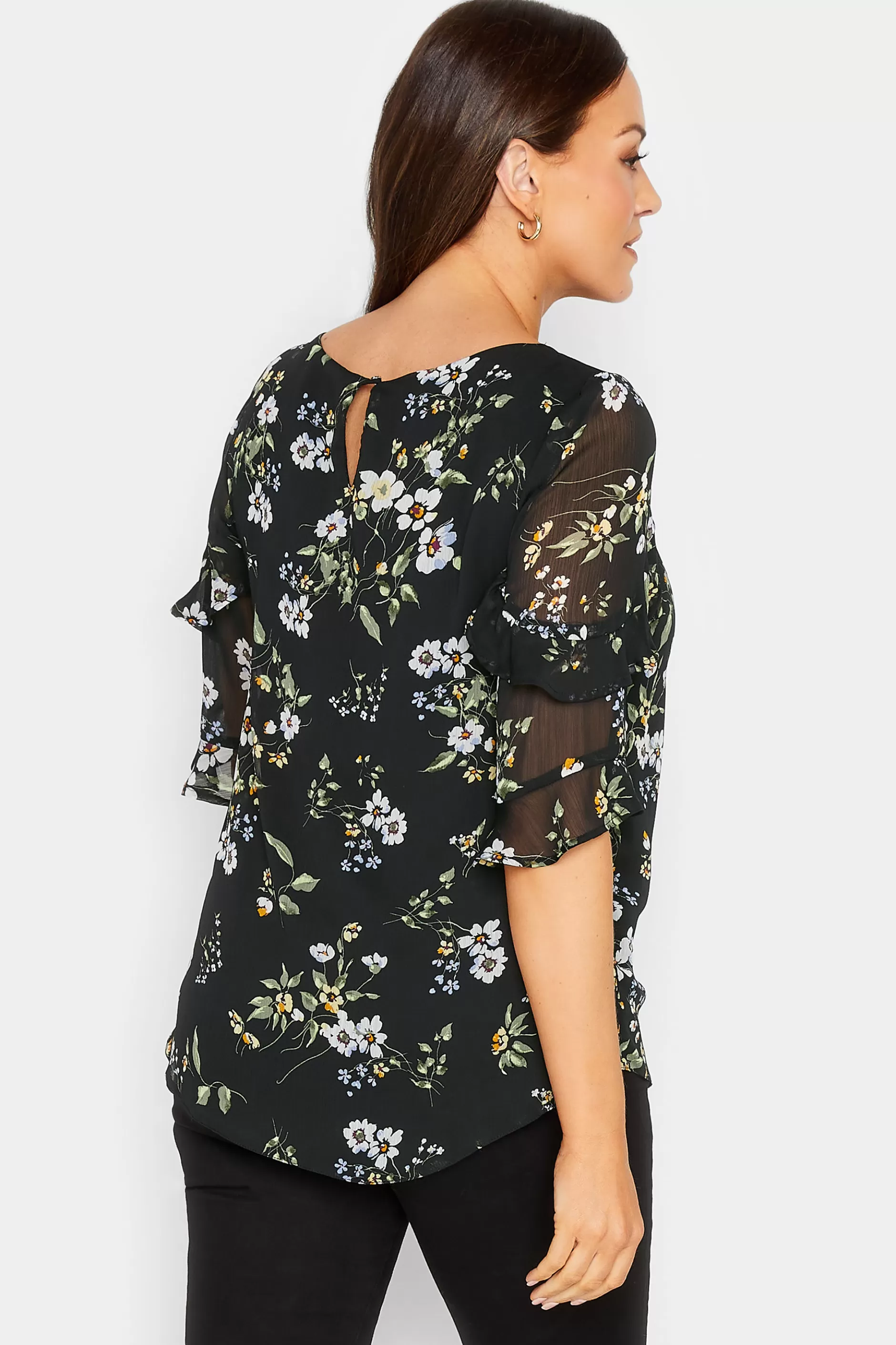 Women M&Co Blouses> Womens Black & White Floral Double Frill Sleeve Blouse