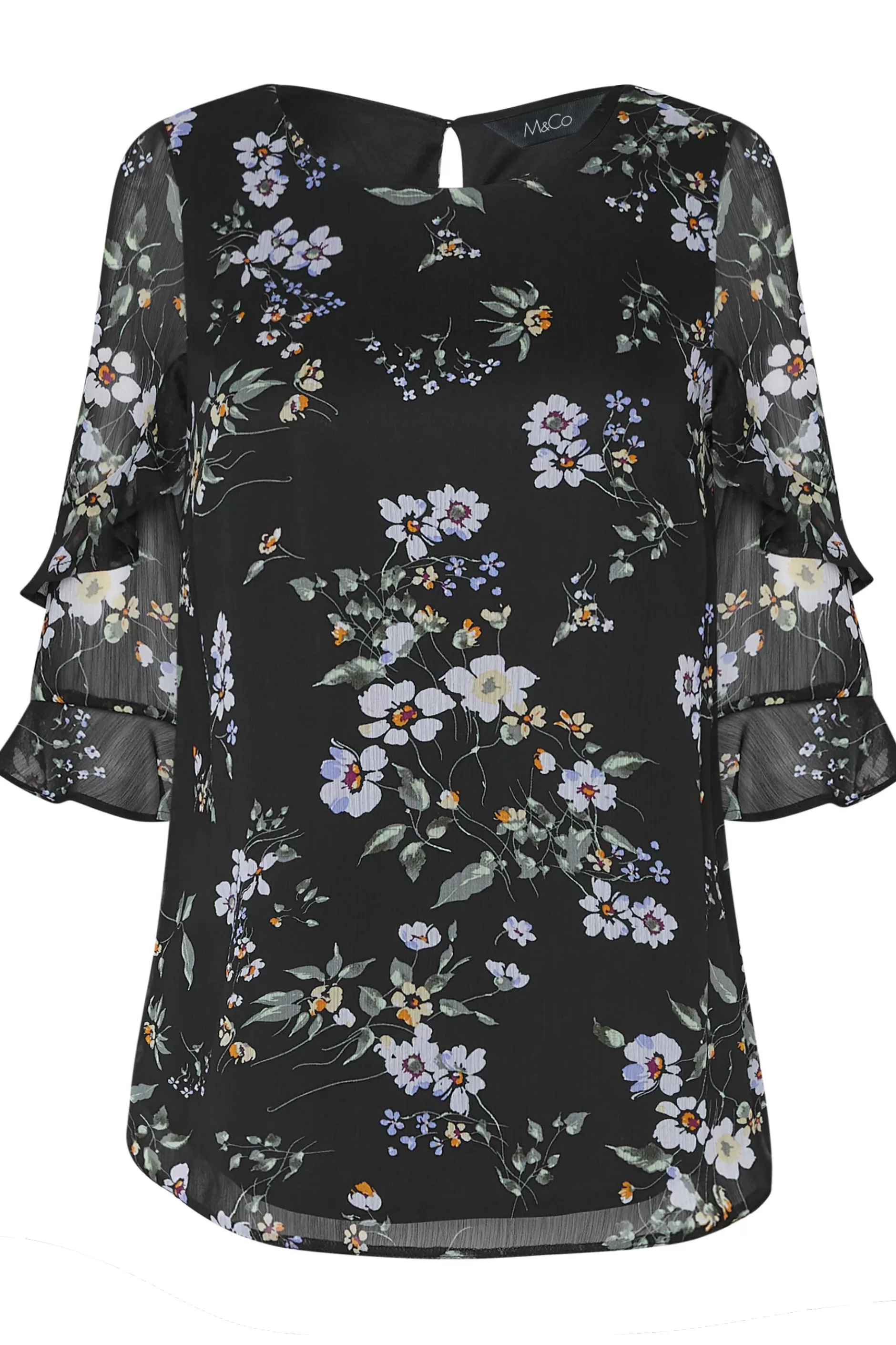 Women M&Co Blouses> Womens Black & White Floral Double Frill Sleeve Blouse