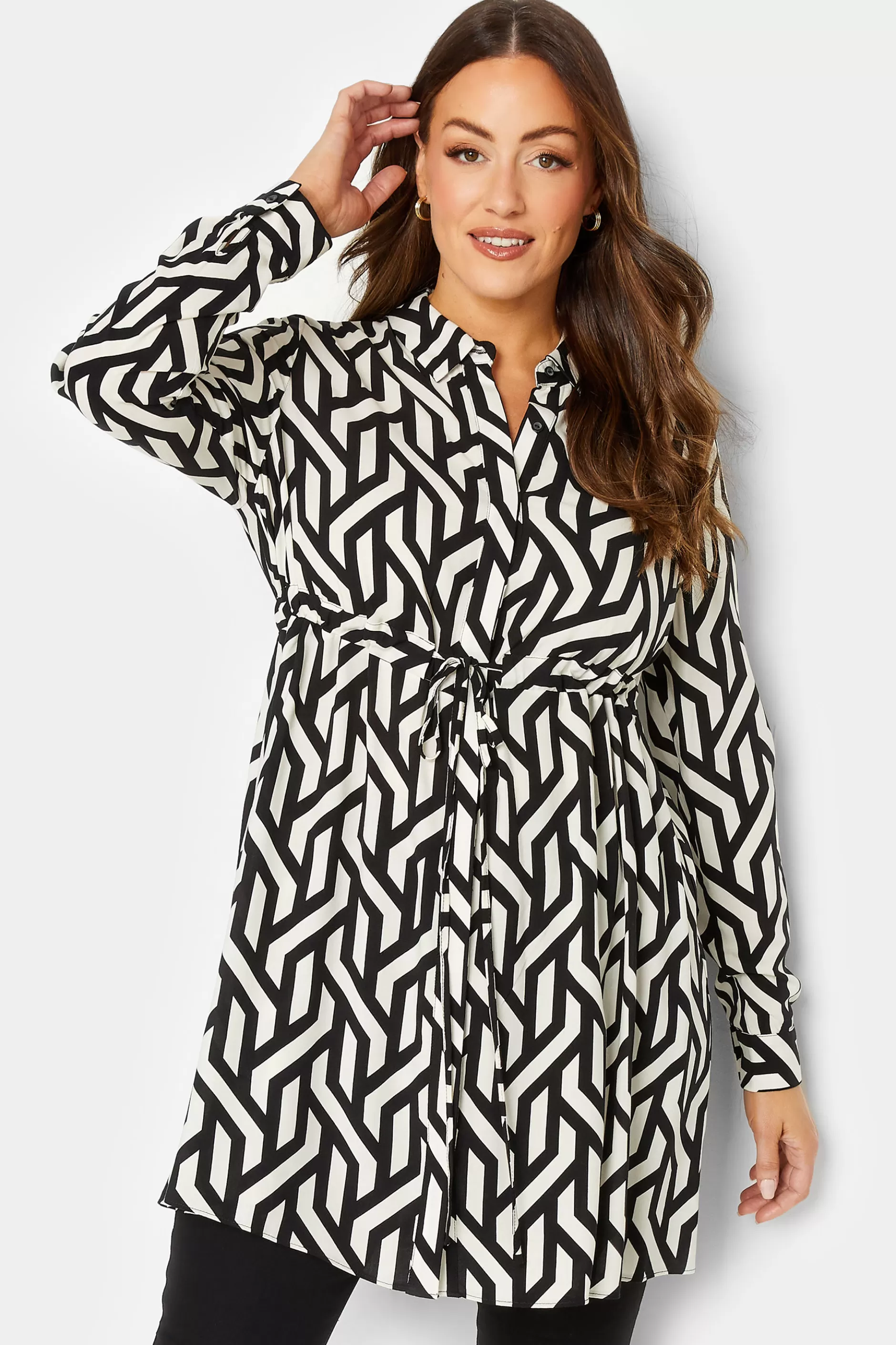 Women M&Co Shirts> Womens Black & White Geometric Print Tie Waist Tunic Shirt