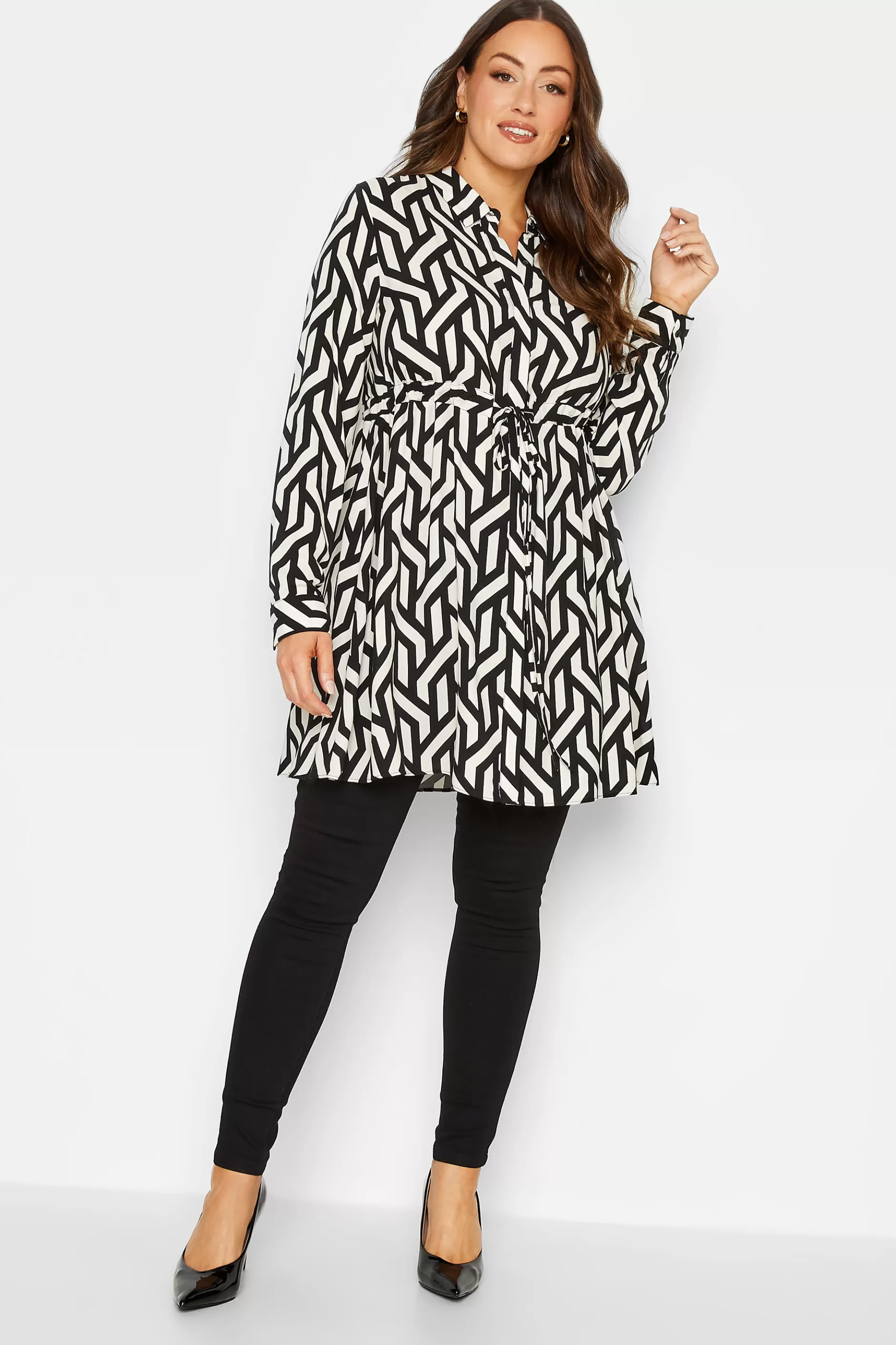 Women M&Co Shirts> Womens Black & White Geometric Print Tie Waist Tunic Shirt