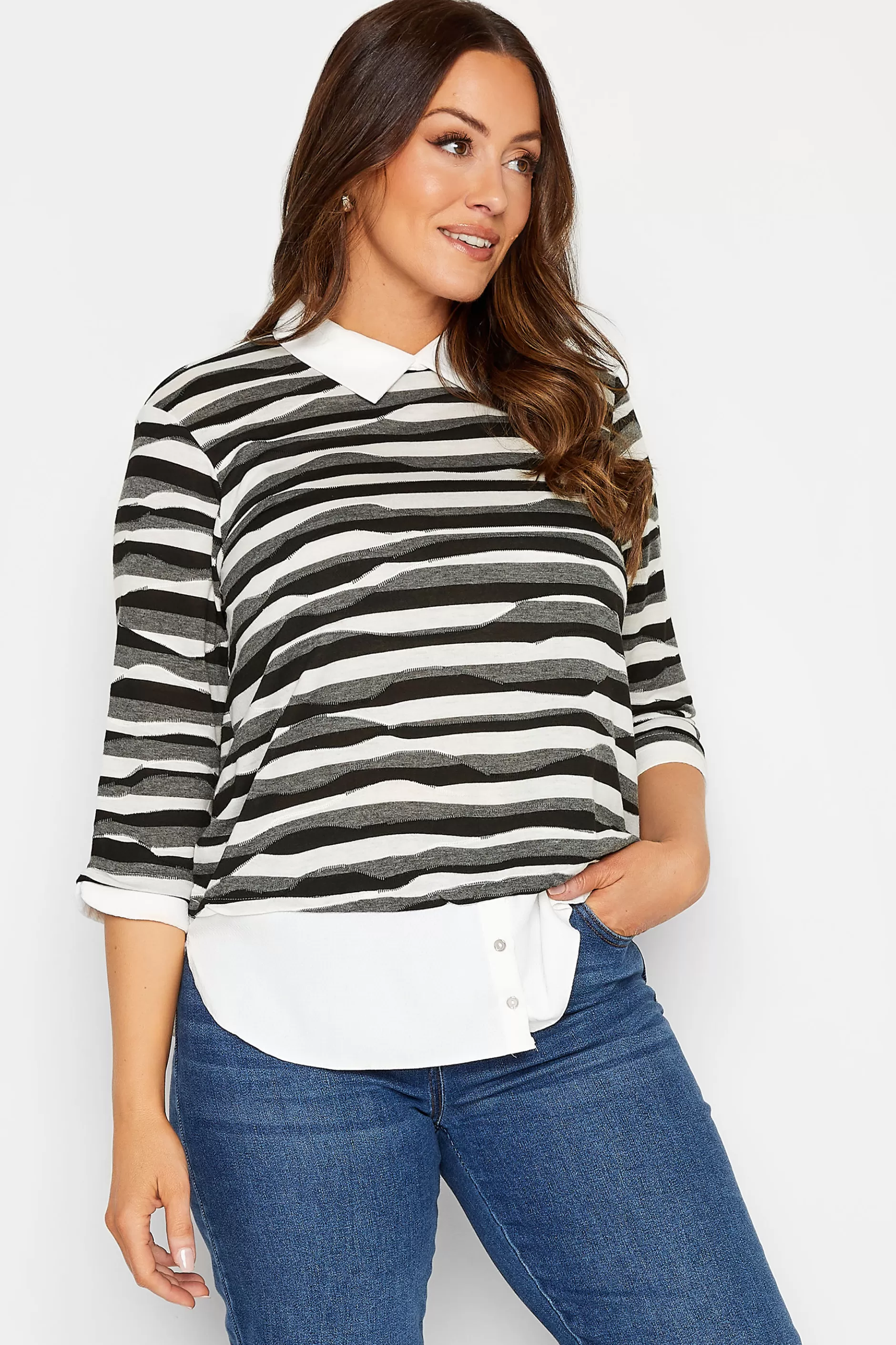 Women M&Co Long Sleeve Tops> Womens Black & White Stripe 2 In 1 Jumper