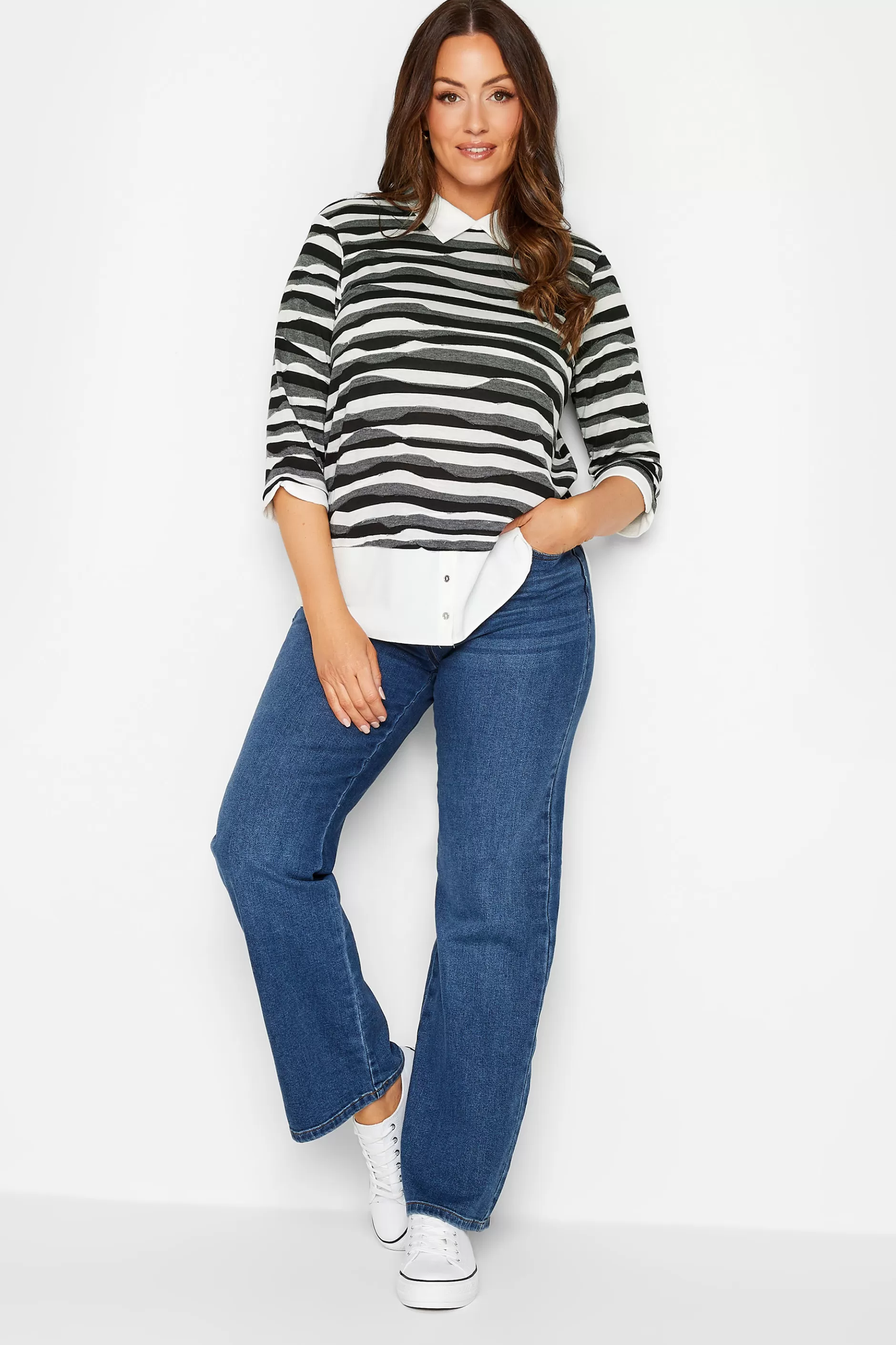 Women M&Co Long Sleeve Tops> Womens Black & White Stripe 2 In 1 Jumper