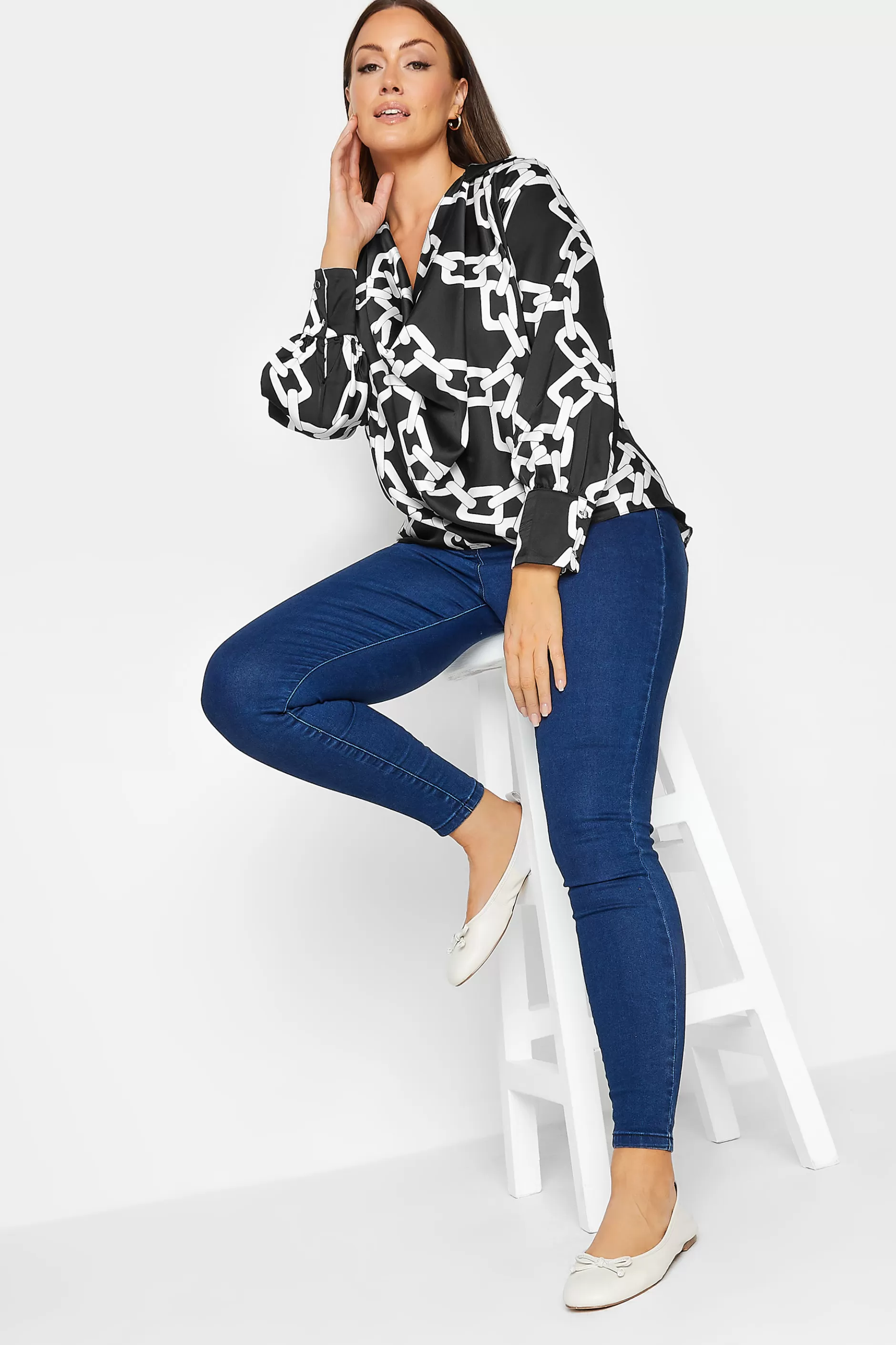 Women M&Co Long Sleeve Tops> Womens Black Chain Print Cowl Neck Satin Blouse