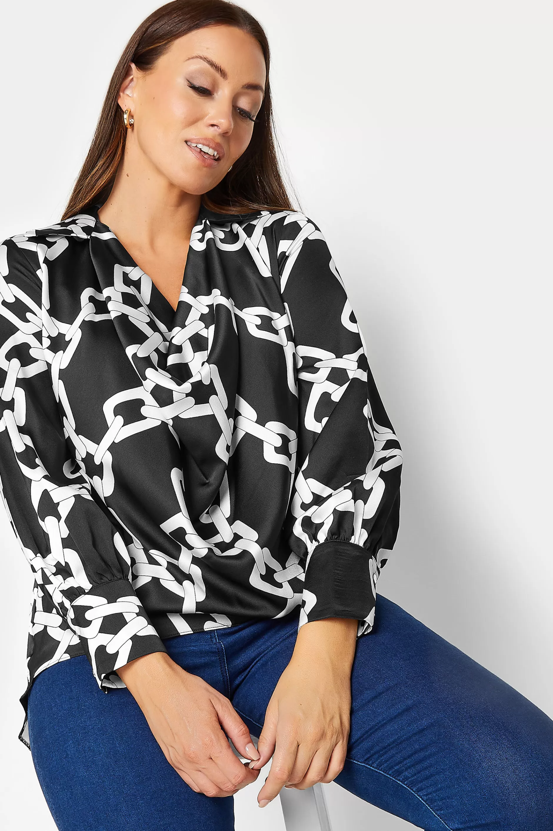 Women M&Co Long Sleeve Tops> Womens Black Chain Print Cowl Neck Satin Blouse