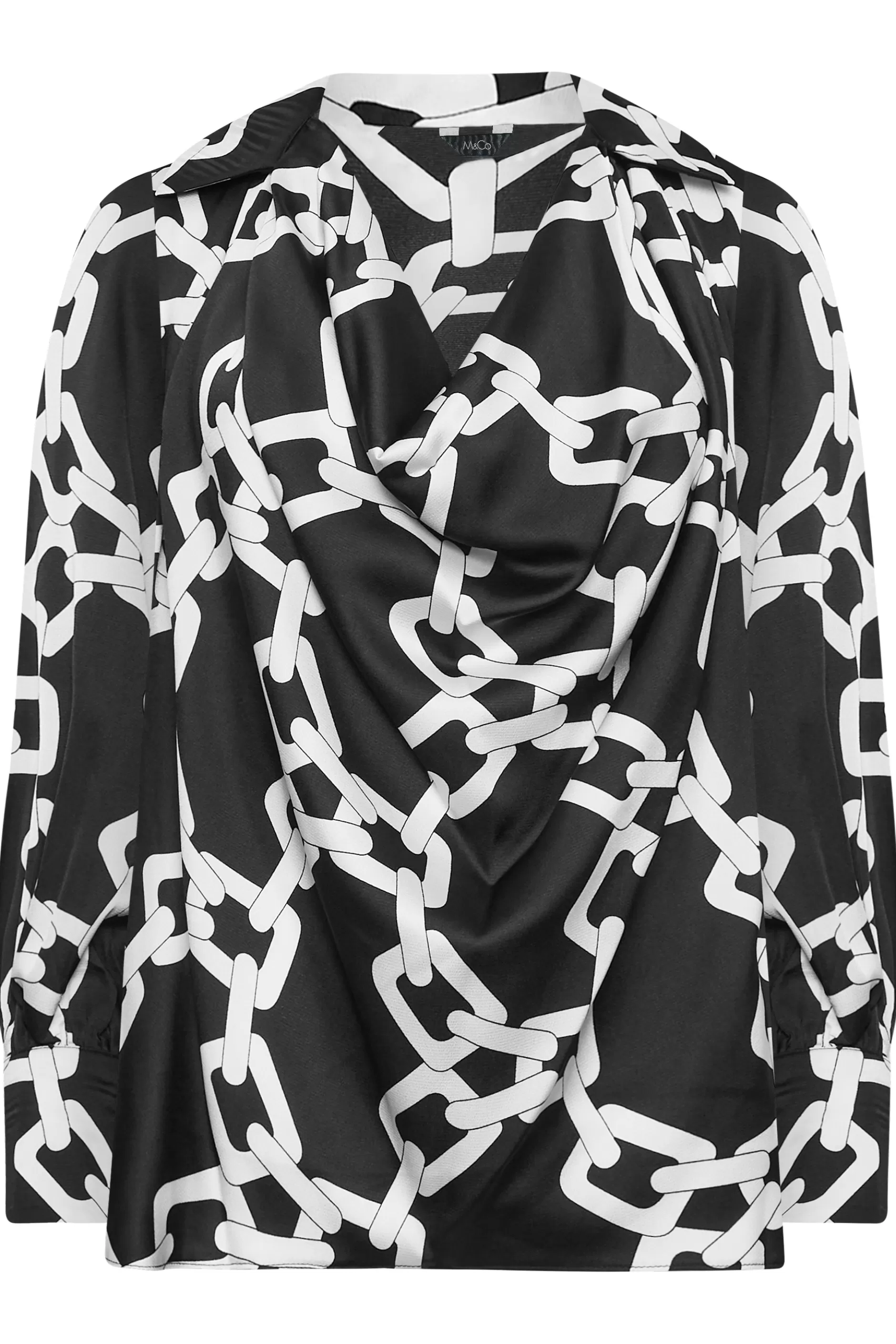 Women M&Co Long Sleeve Tops> Womens Black Chain Print Cowl Neck Satin Blouse