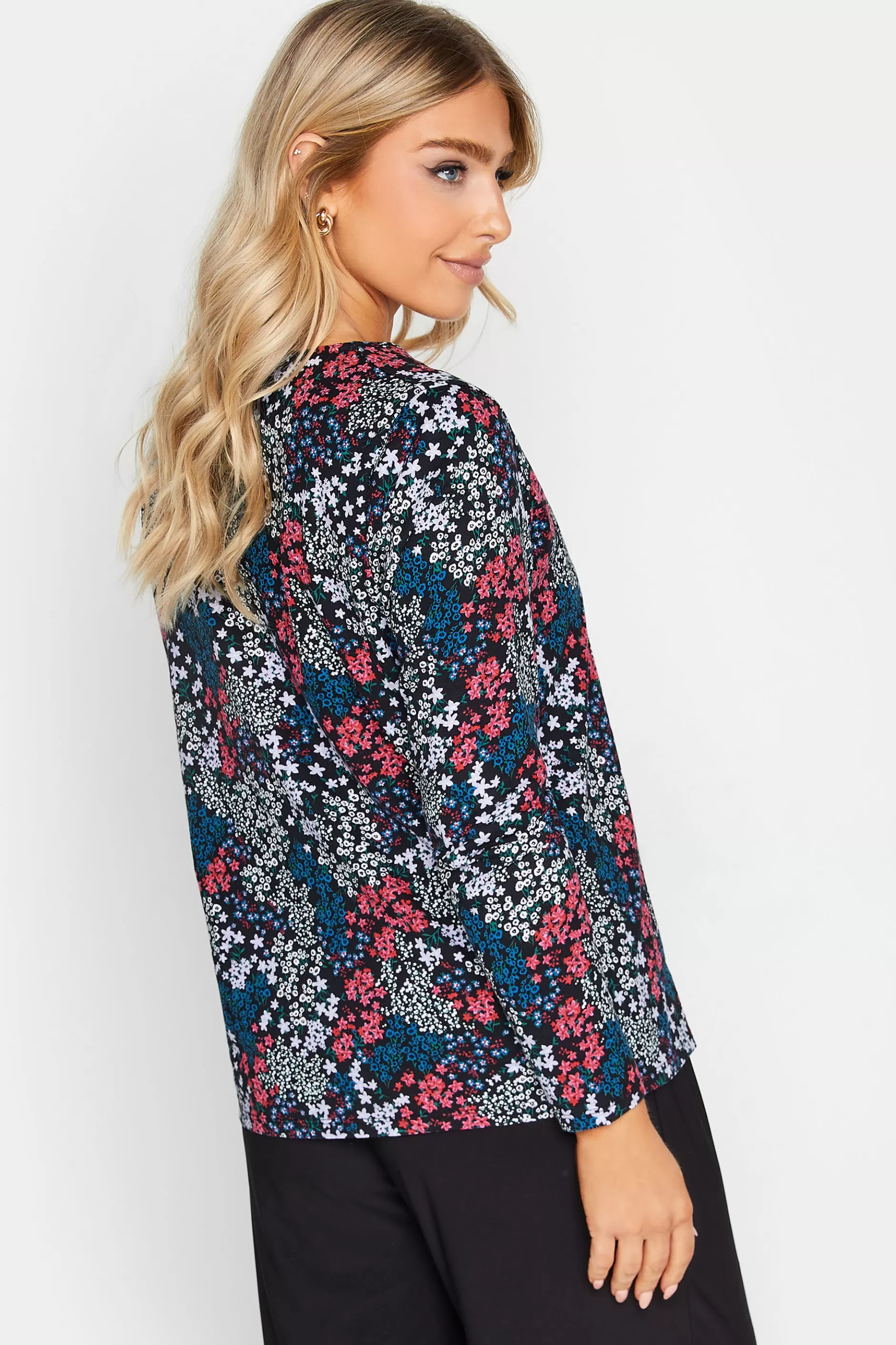 Women M&Co T-Shirts> Womens Black Ditsy Print Notch Neck Cotton T-Shirt