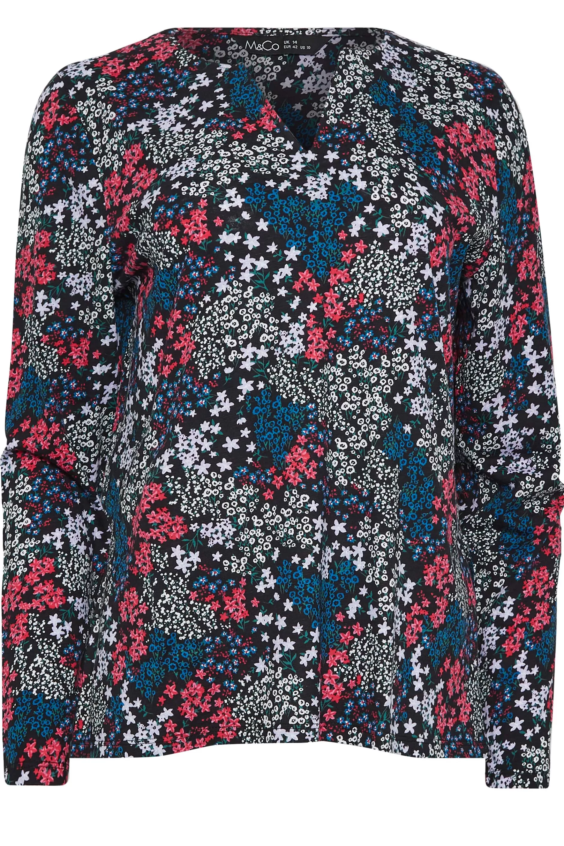 Women M&Co T-Shirts> Womens Black Ditsy Print Notch Neck Cotton T-Shirt