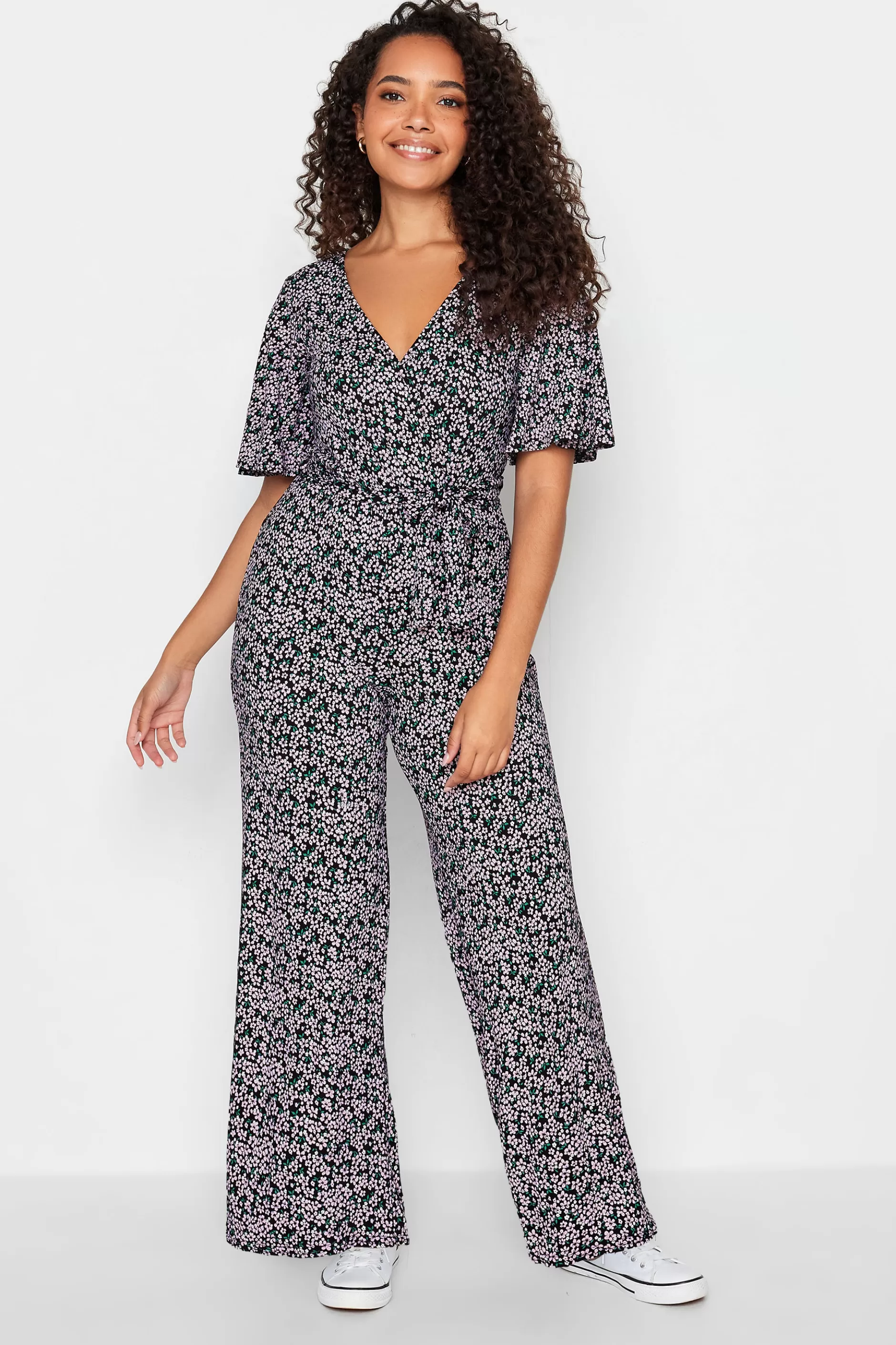 Women M&Co Maxi Dresses> Womens Black Ditsy Print Wrap Wide Leg Jumpsuit