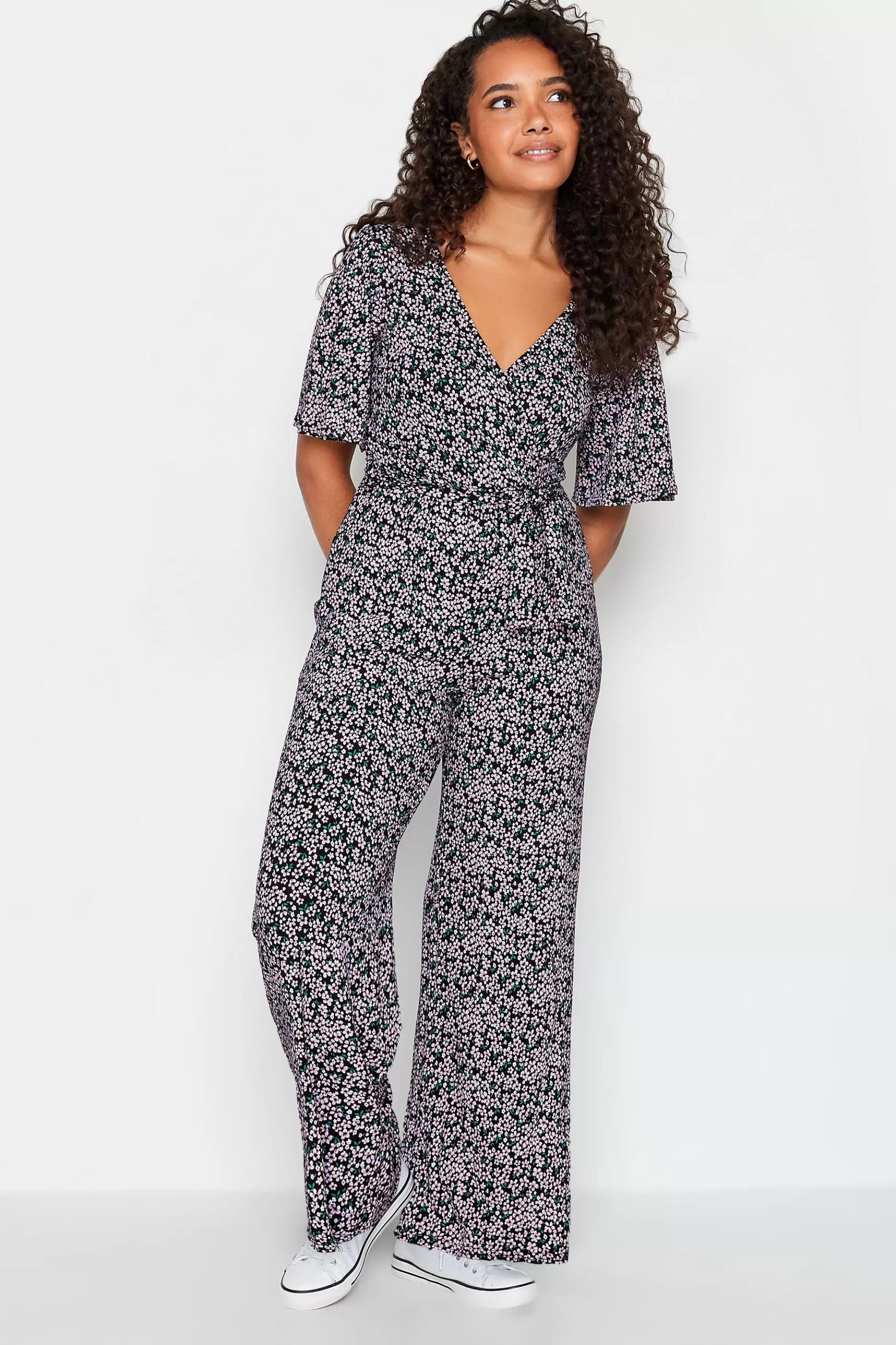 Women M&Co Maxi Dresses> Womens Black Ditsy Print Wrap Wide Leg Jumpsuit