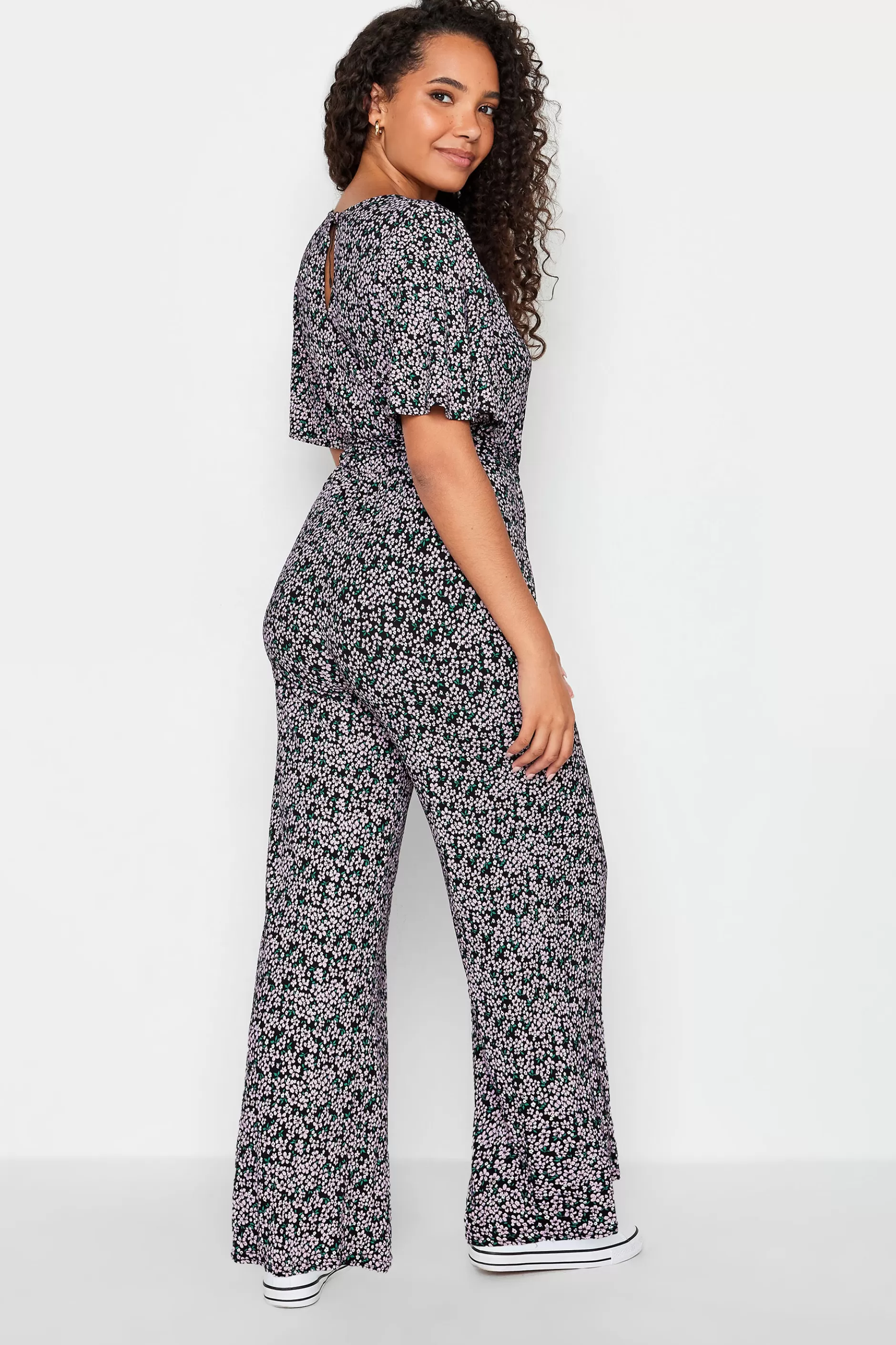 Women M&Co Maxi Dresses> Womens Black Ditsy Print Wrap Wide Leg Jumpsuit