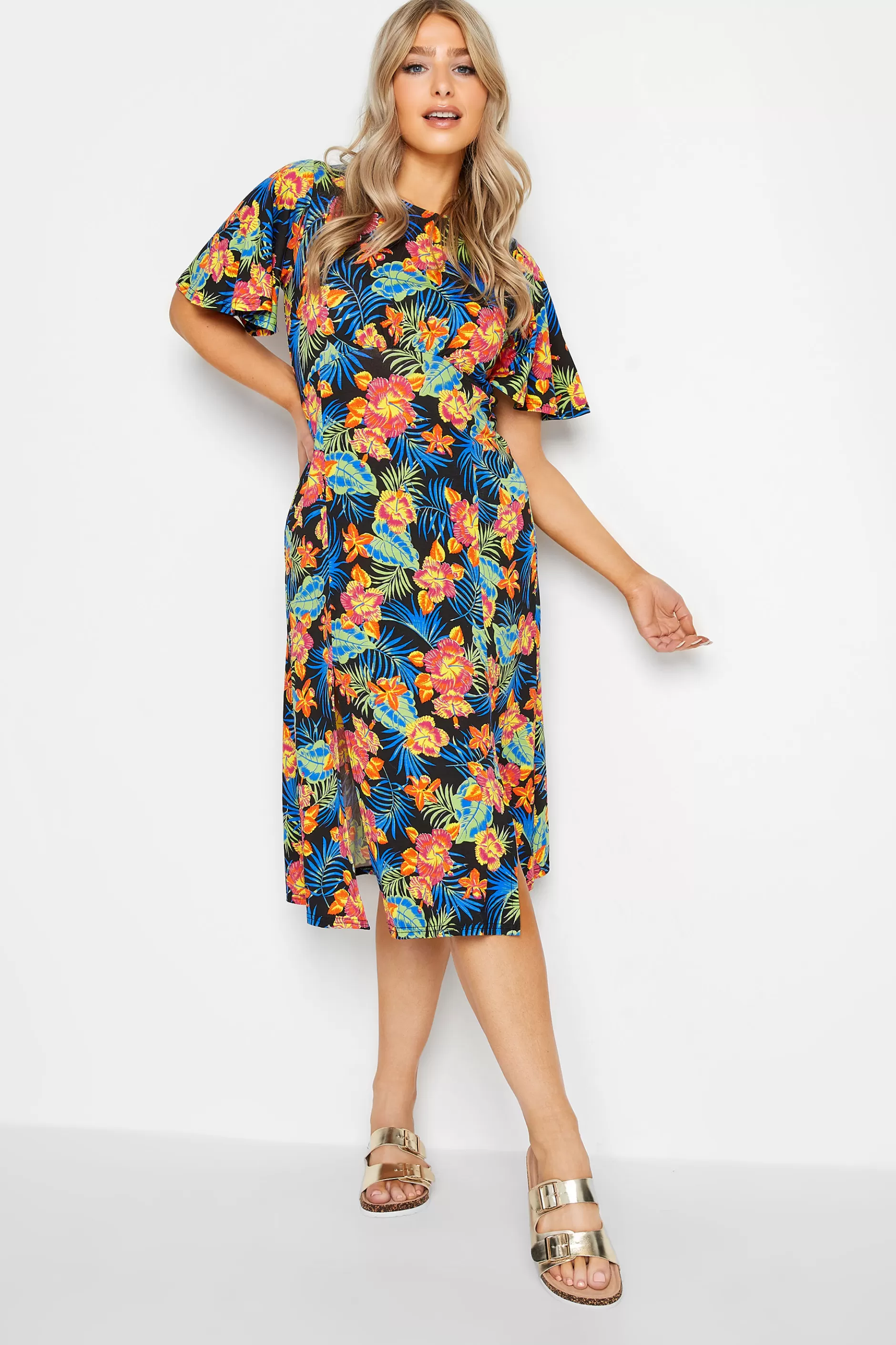 Women M&Co Midi Dresses> Womens Black Floral Print Angel Sleeve Split Hem Midi Dress