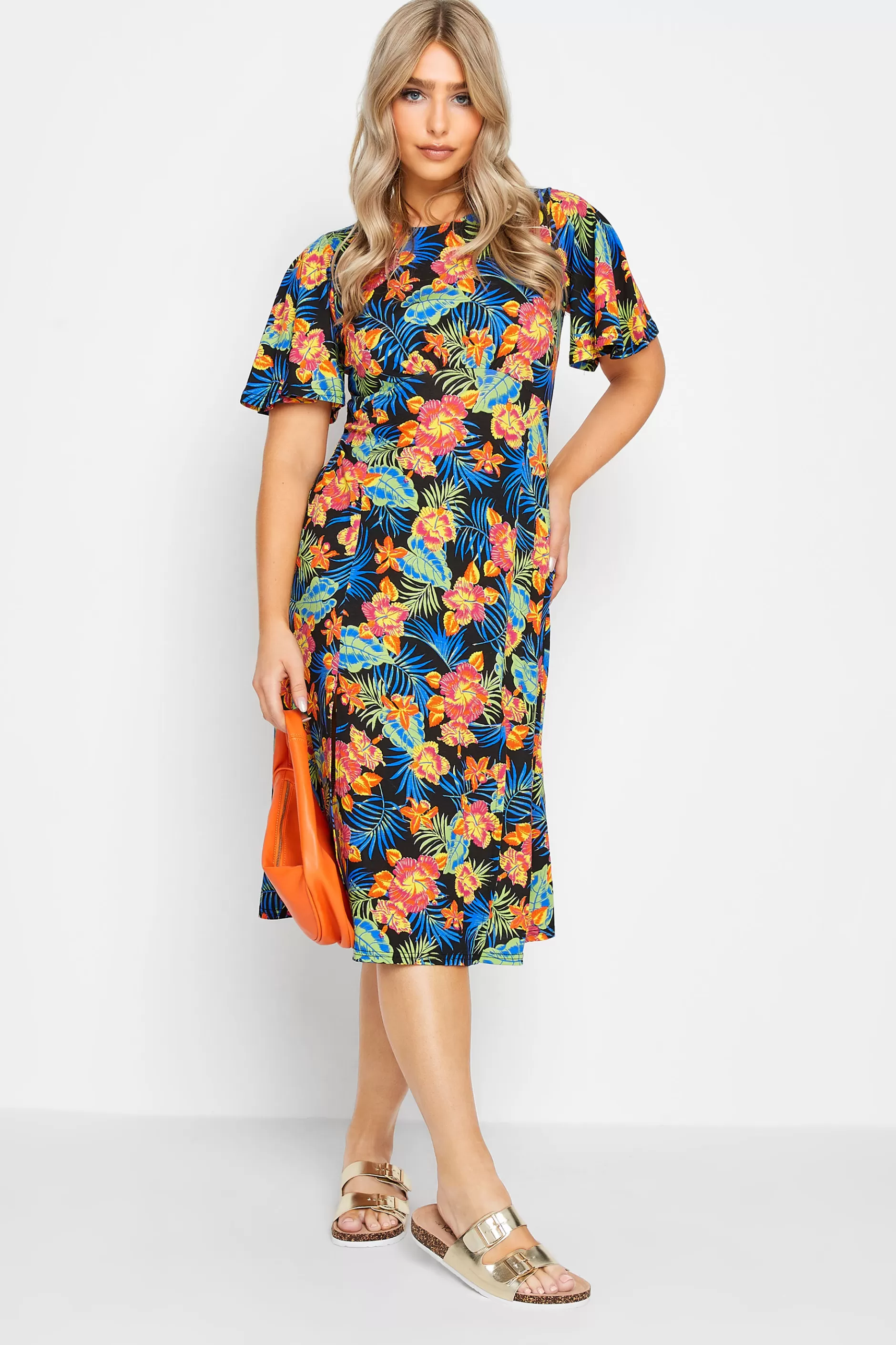 Women M&Co Midi Dresses> Womens Black Floral Print Angel Sleeve Split Hem Midi Dress