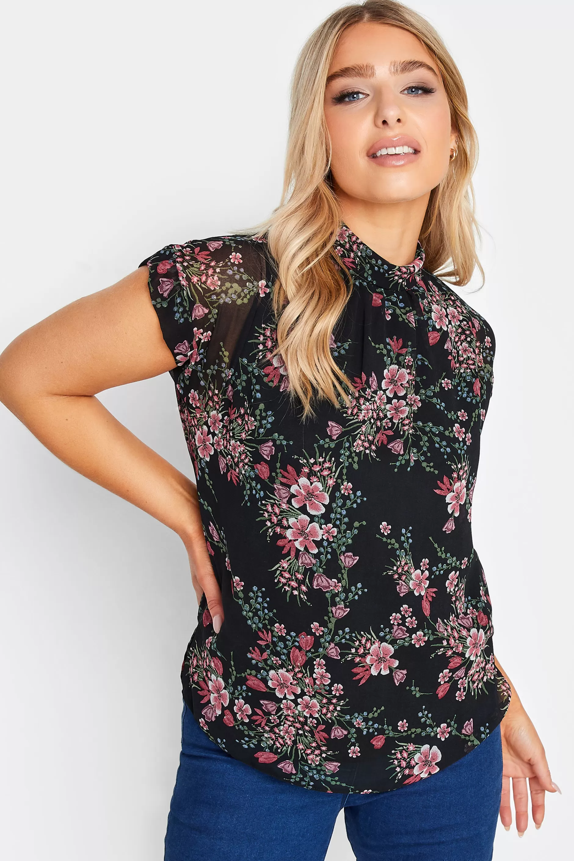 Women M&Co Short Sleeve Tops> Womens Black Floral Print Blouse