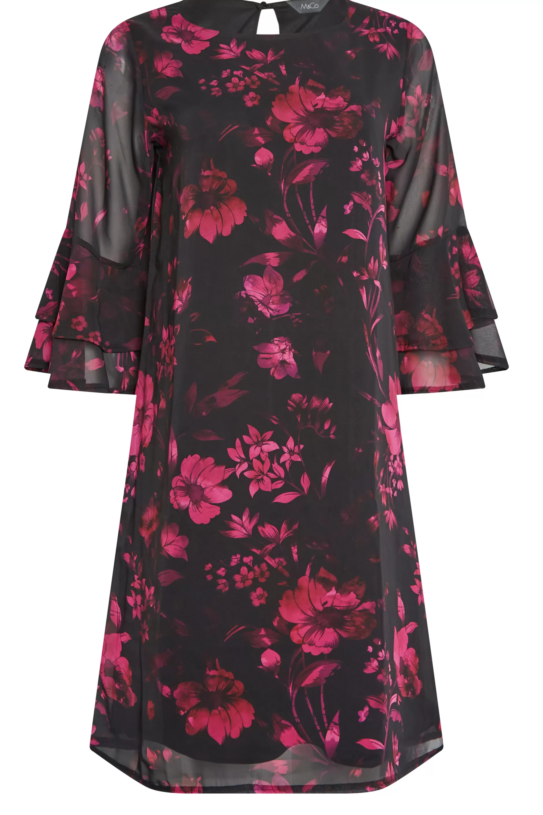 Women M&Co Midi Dresses> Womens Black Floral Print Flute Sleeve Shift Dress