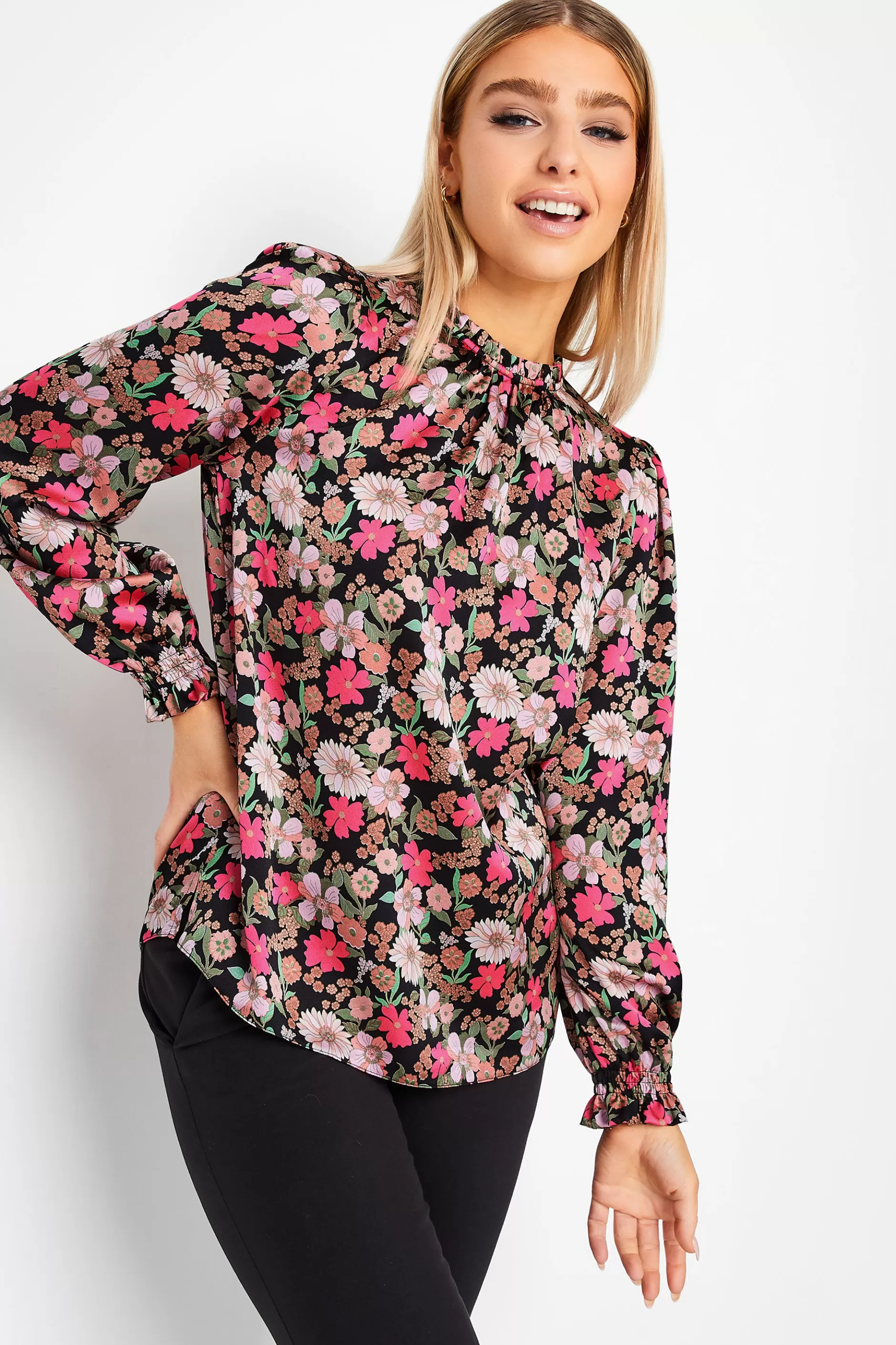 Women M&Co Long Sleeve Tops> Womens Black Floral Print Frill Neck Blouse
