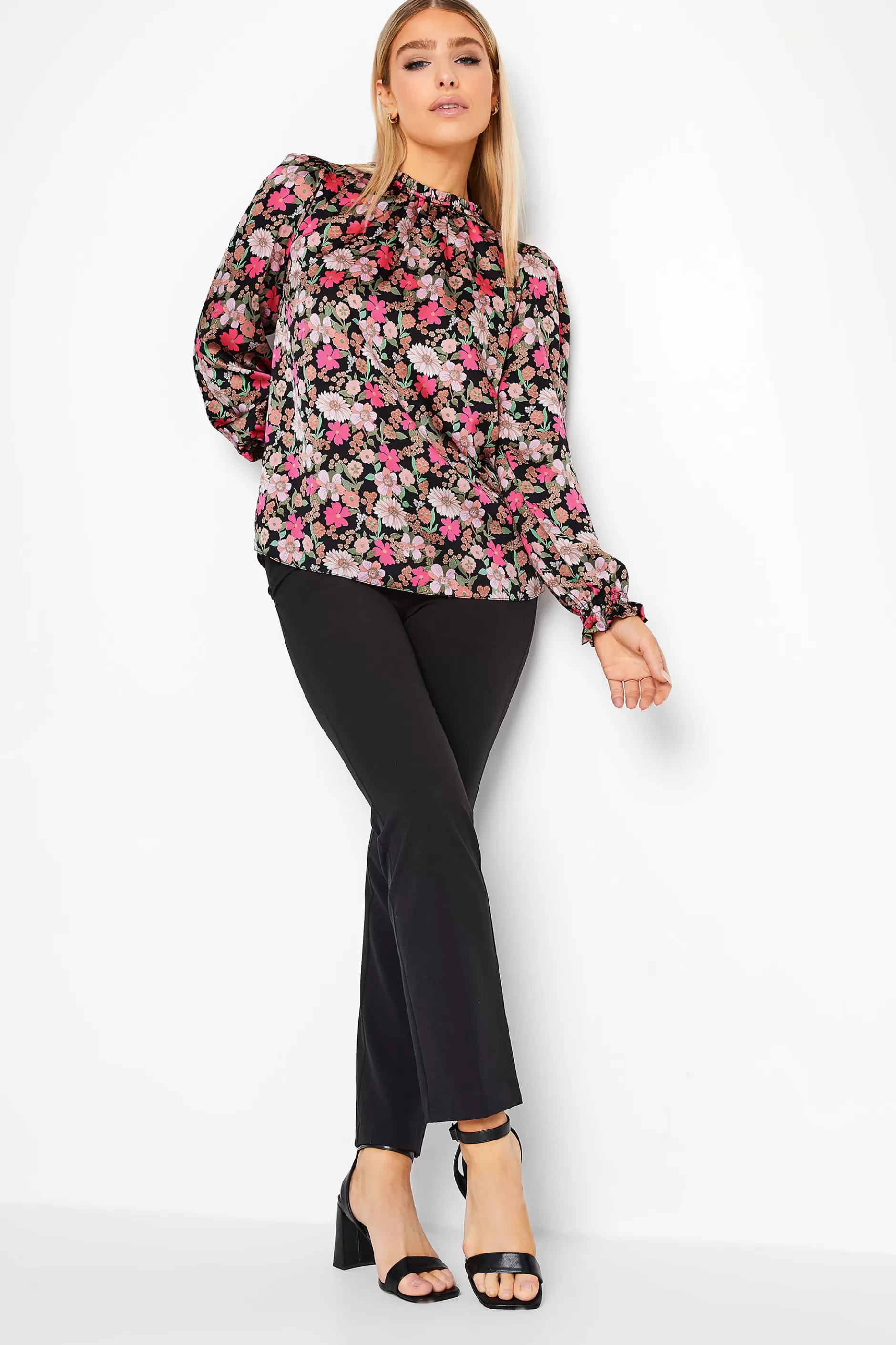 Women M&Co Long Sleeve Tops> Womens Black Floral Print Frill Neck Blouse