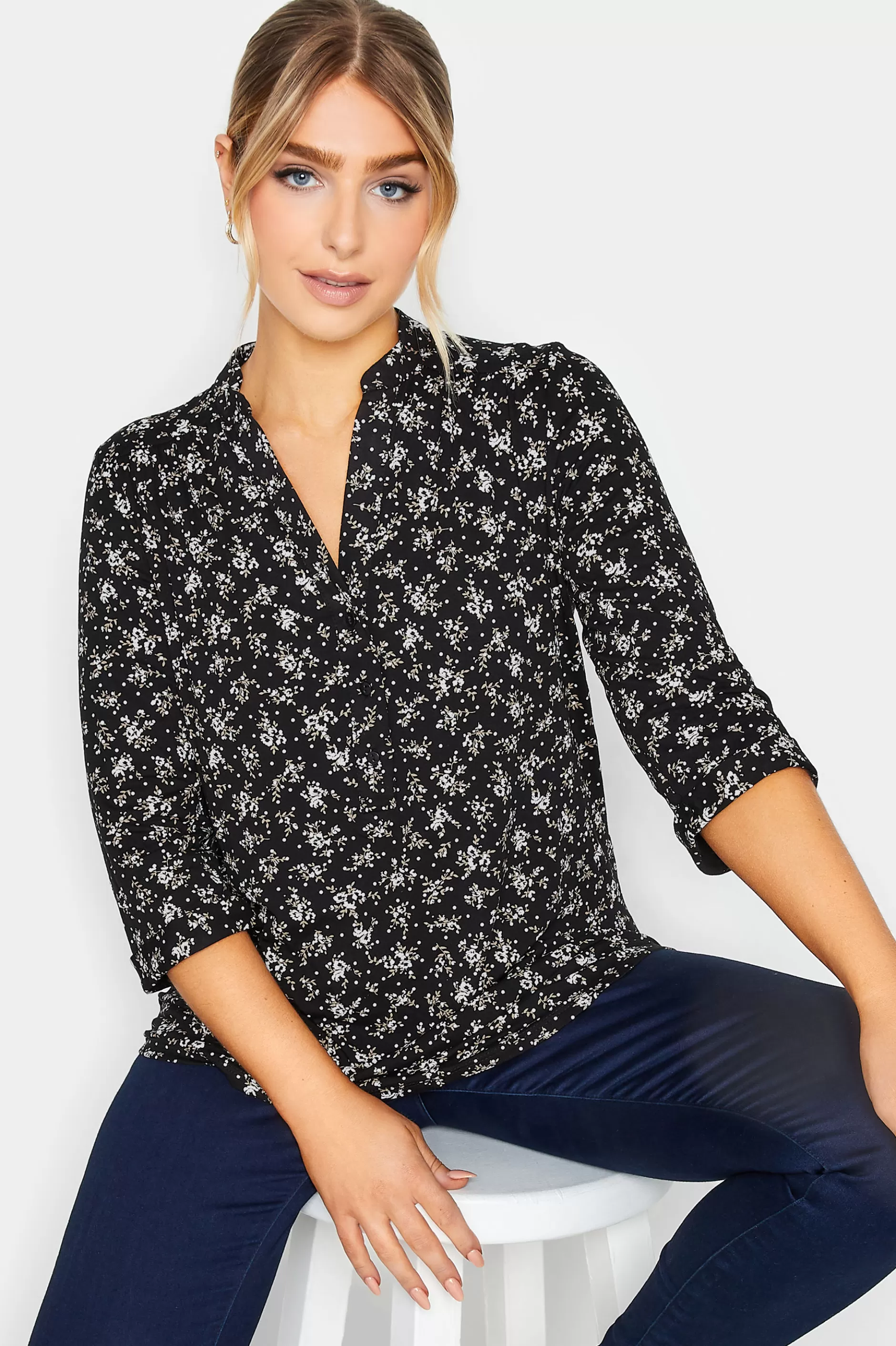 Women M&Co Shirts> Womens Black Floral Print Half Placket Jersey Shirt