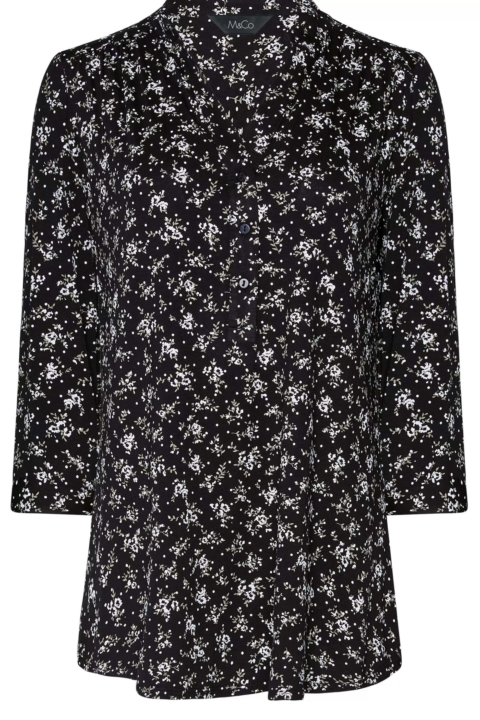 Women M&Co Shirts> Womens Black Floral Print Half Placket Jersey Shirt