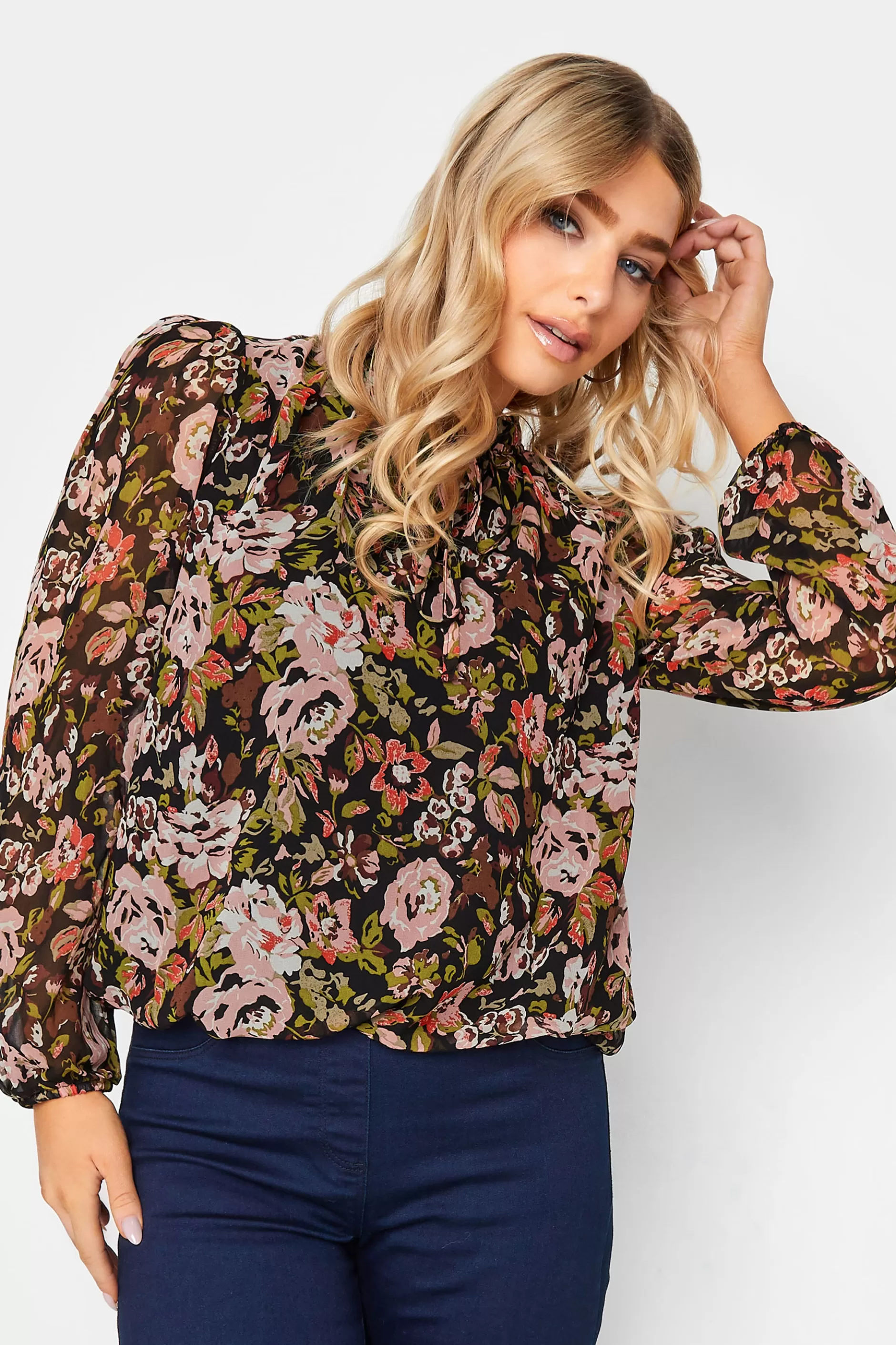 Women M&Co Blouses> Womens Black Floral Print High Neck Blouse